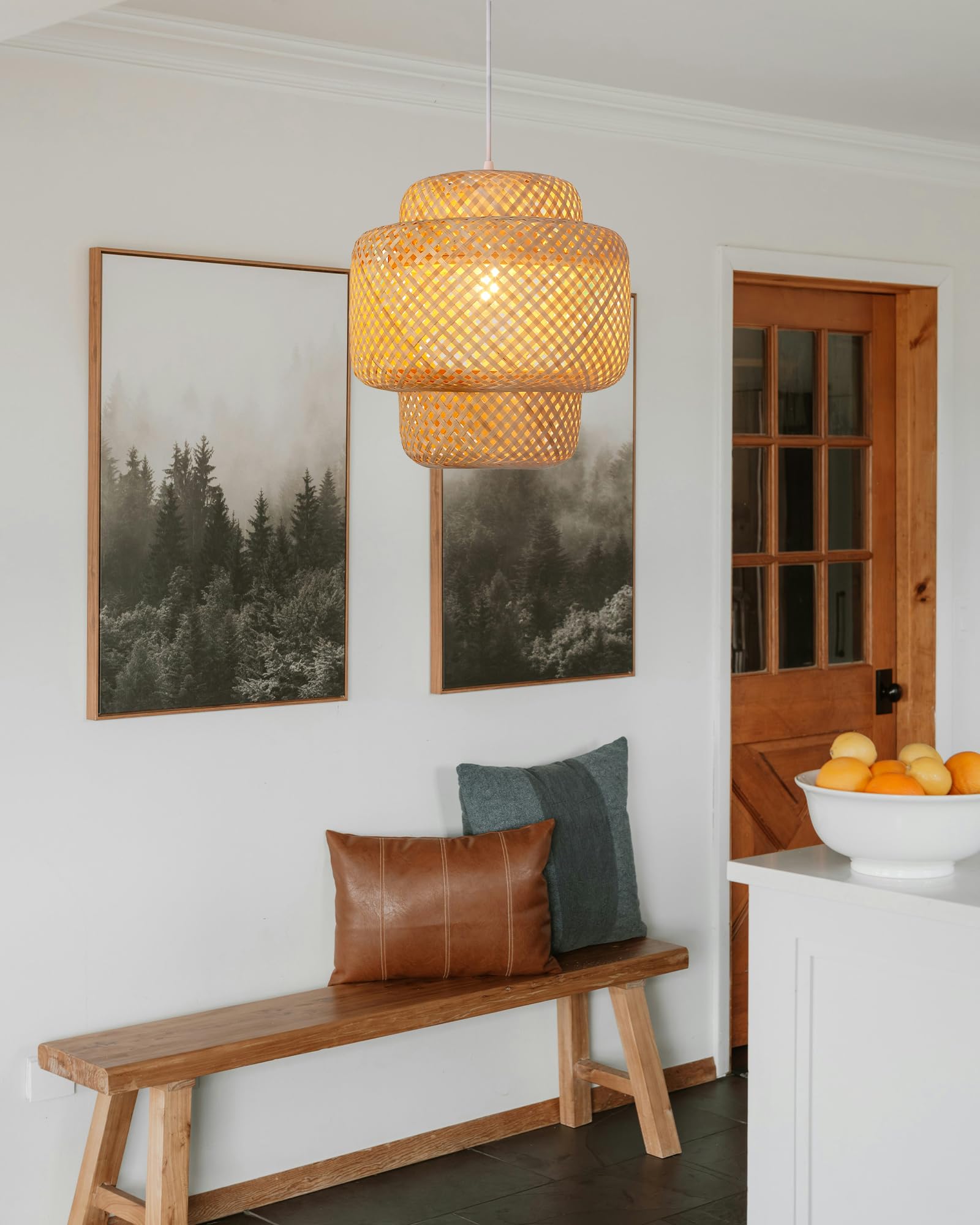 Vintage Bambus Pendelleuchte, Natürlich Geflochten, 30 cm Durchmesser, E27 Fassung, 1,5 m kabel, Boho Wohnzimmer Hängeleuchte(keine Glühbirne)
