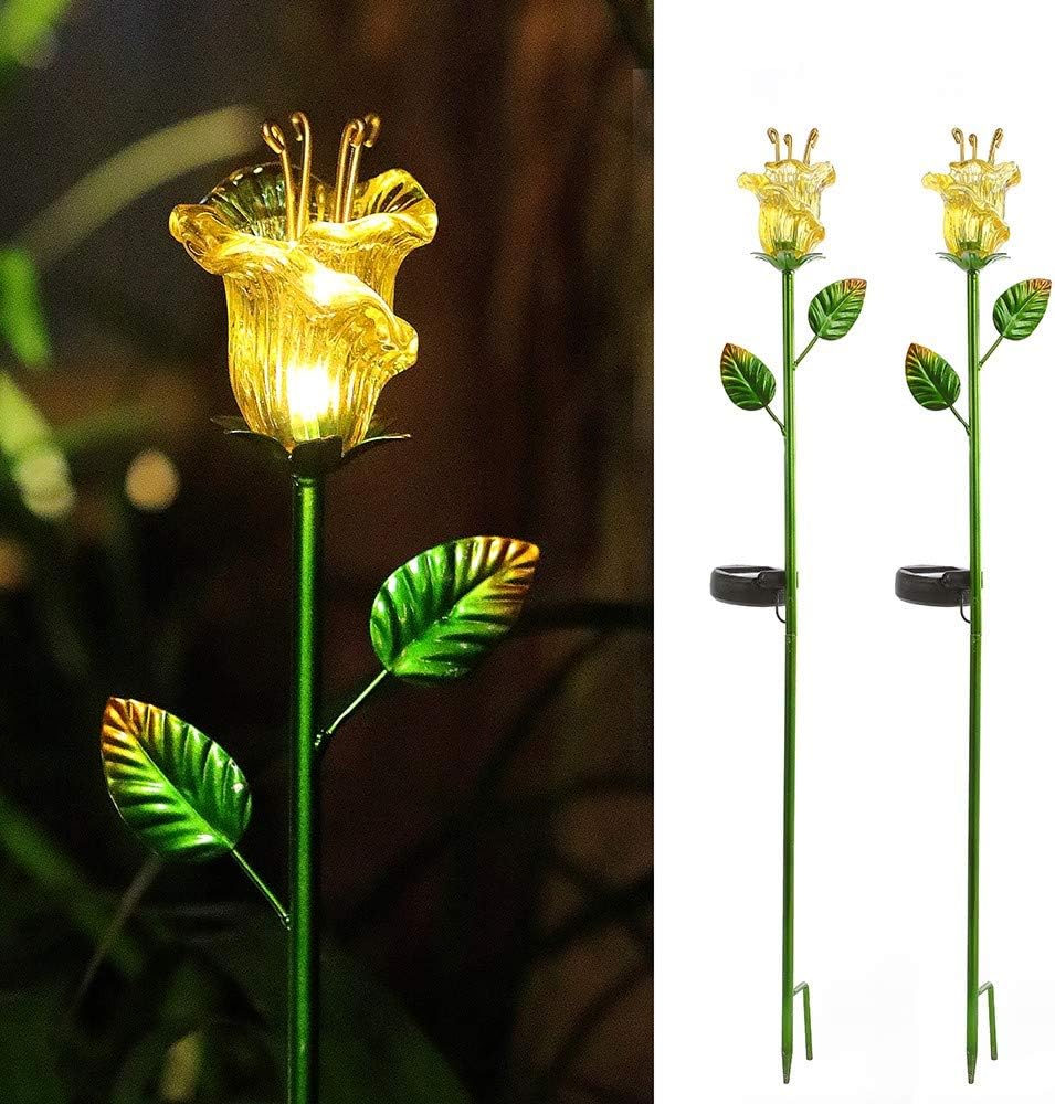 Joyathome Flower Solar Stake Lights Outdoor,2 Pack Solar Powered Metal Stake with Yellow Glass Lily Flower Decorative Lights, Waterproof Warm White LED Garden Lights for Backyard,Lawn