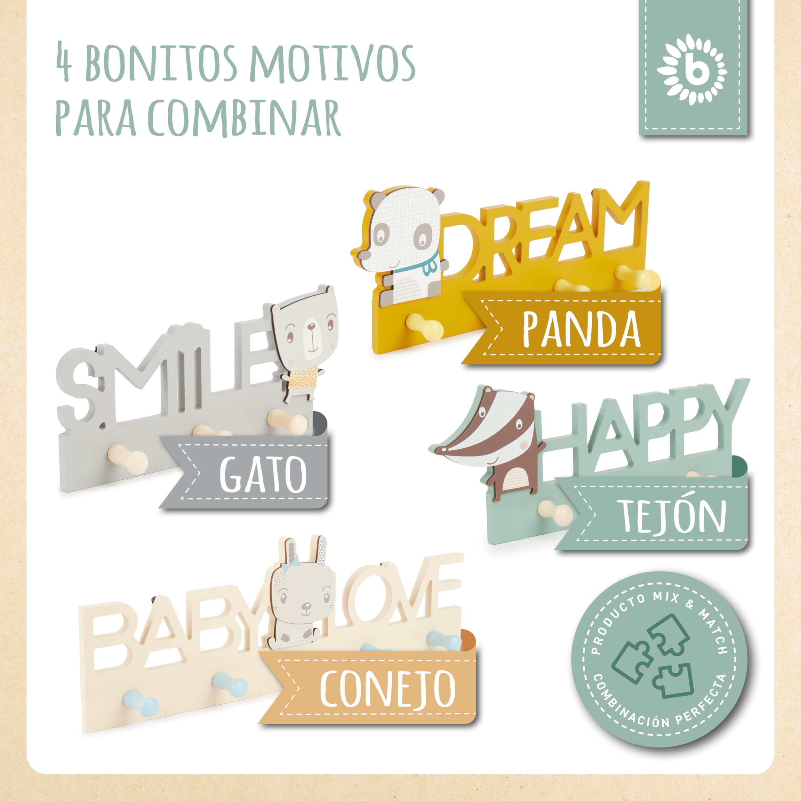 BIECO Garderobe Kinder Happy | Perchero Infantil Madera | Ganchos | Perchero Pared Madera | Colgador Ropa Infantil | 30 cm | 3 Ganchos |