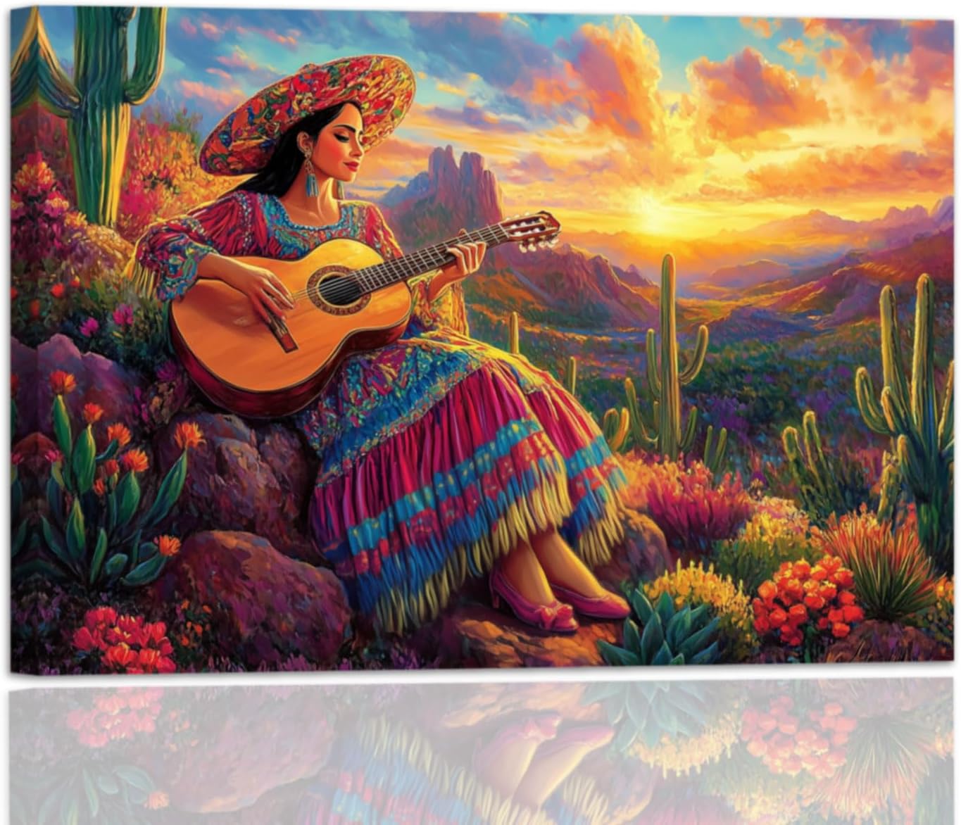 YMXDYMJSW Mexican Woman Wall Art Desert Women Playing Guitar Canvas Pictures Boho Desert Sunset Paintings Southwestern Landscape Artwork for Home Decor Frame (Red,18L x 12W)