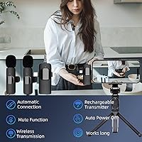 Vista 2 de Micrófono inalámbrico Lavalier 2 PC, micrófono de solapa para iPhone Android cámara Plug-Play, micrófono profesional de grabación de reducción