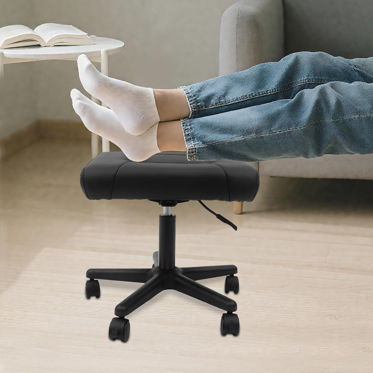 Footrest Stool Under Desk, Leg Rest Ottoman Adjustable Height Mobile Foot Stool with Wheels, 360° Swivel Rolling Multi-use Stools Simple Meeting Chair for Office Home Gaming Salon