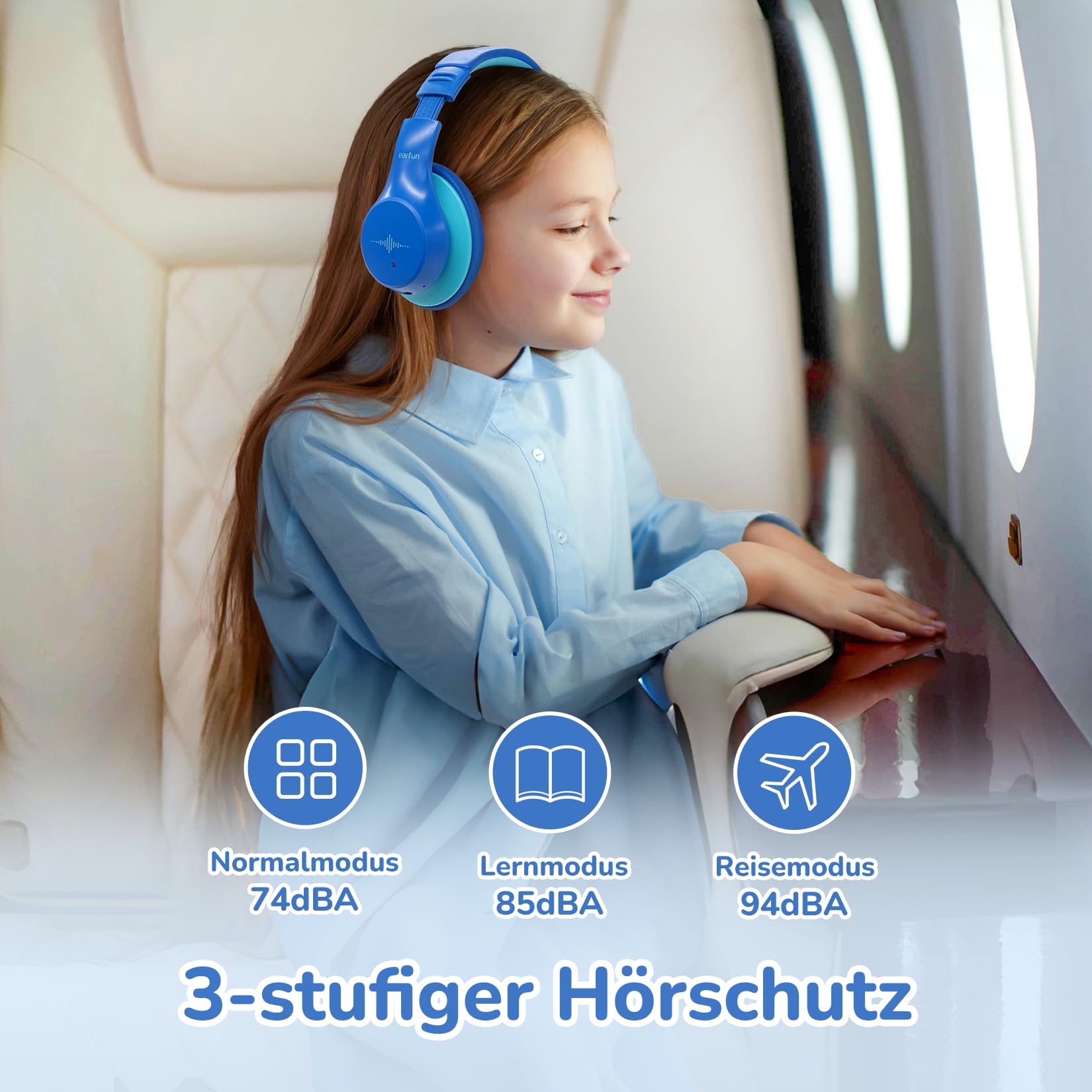 EarFun Bluetooth Kinder Kopfhörer, Noise Cancelling Kopfhörer Kinder, 74/85/94 dBA Sichere Lautstärke, 120H Akku, HD MIC, Bluetooth 5.4, Weich, Faltbar, Over Ear Kopfhörer für Schule/Reisen/Flugzeug