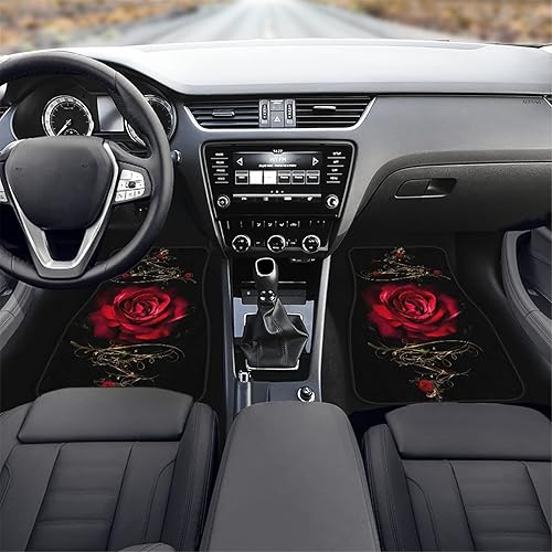 Miniatura 7 de Wanyint Tapetes para piso de automóvil para SUV, camión, camioneta, sedán, rosa roja, diseño de flores delanteras y traseras, juego completo de