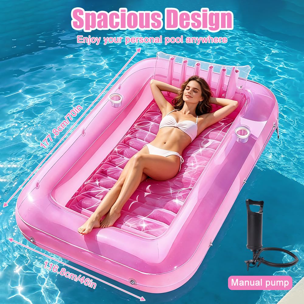 Matelas Gonflable Piscine, 178 x 116 cm Flotteur de Piscine Adulte pour Bain de Soleil, Piscine Bronzage pour Adultes avec Porte-gobelet et Appui-tête pour Fêtes de Plage, Rose