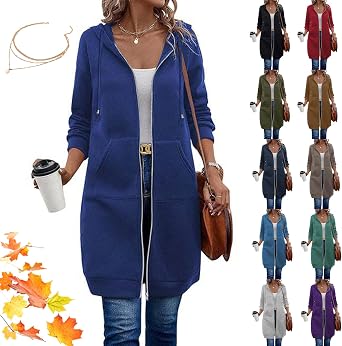 RJDJ Women Casual Zip Up Fleece Hoodies, Knee Length Long Warm Hooded Jacket Tunic Sweatshirt with Pockets