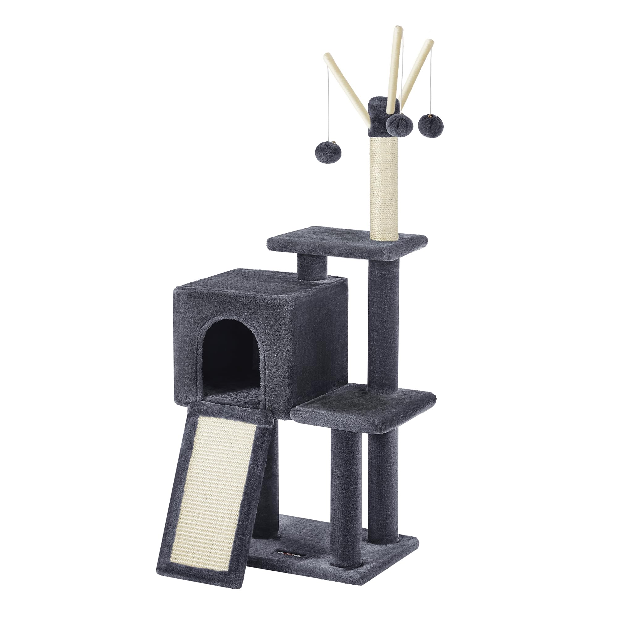 Feandrea Tiragraffi per Gatti, Albero per Gatti, Grotta per Gattini Micini, Diversi Livelli di Peluche, 42 x 32 x 118 cm, Graffitoio, 3 Bastoncini Pompom Rimovibili, Grigio Fumo PCT143G01V1