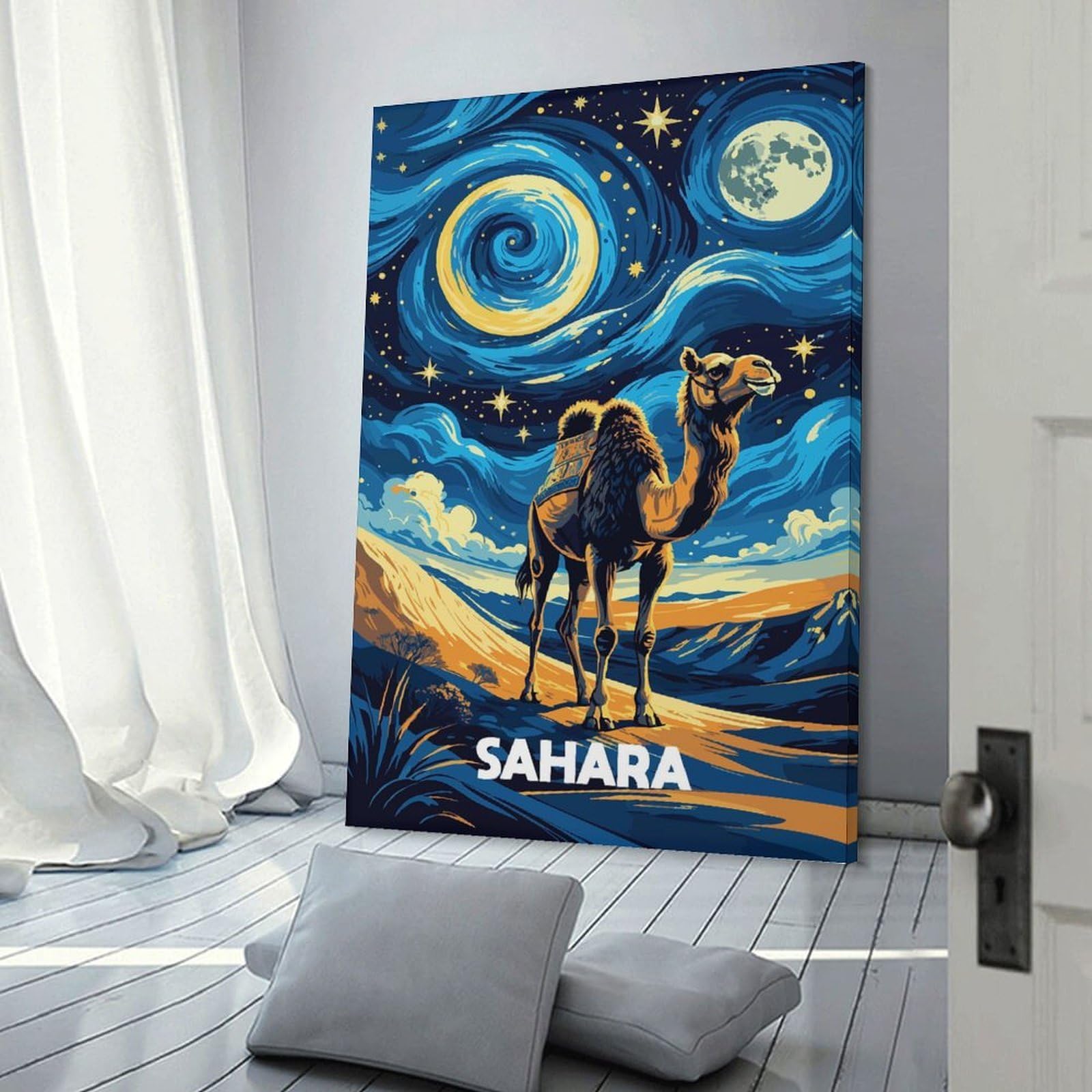 Junmoney Sahara Desert Camel Night Art Room Decor Wall Art, 08x12inch(20x30cm), for Feature Walls in Flats Or Modern Rooms, Wall Decor Suited to Curated Displays
