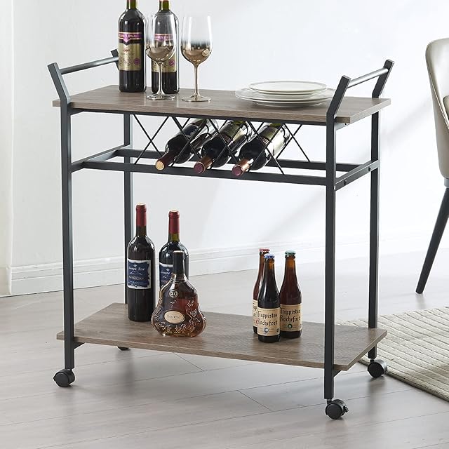 SHOCOKO Industrial Bar Cart with Wine Rack, Kitchen Serving Carts on Wheels Wood and Metal Frame, 2 Tier Rolling Kitchen Cart with Storage Shelf for Home