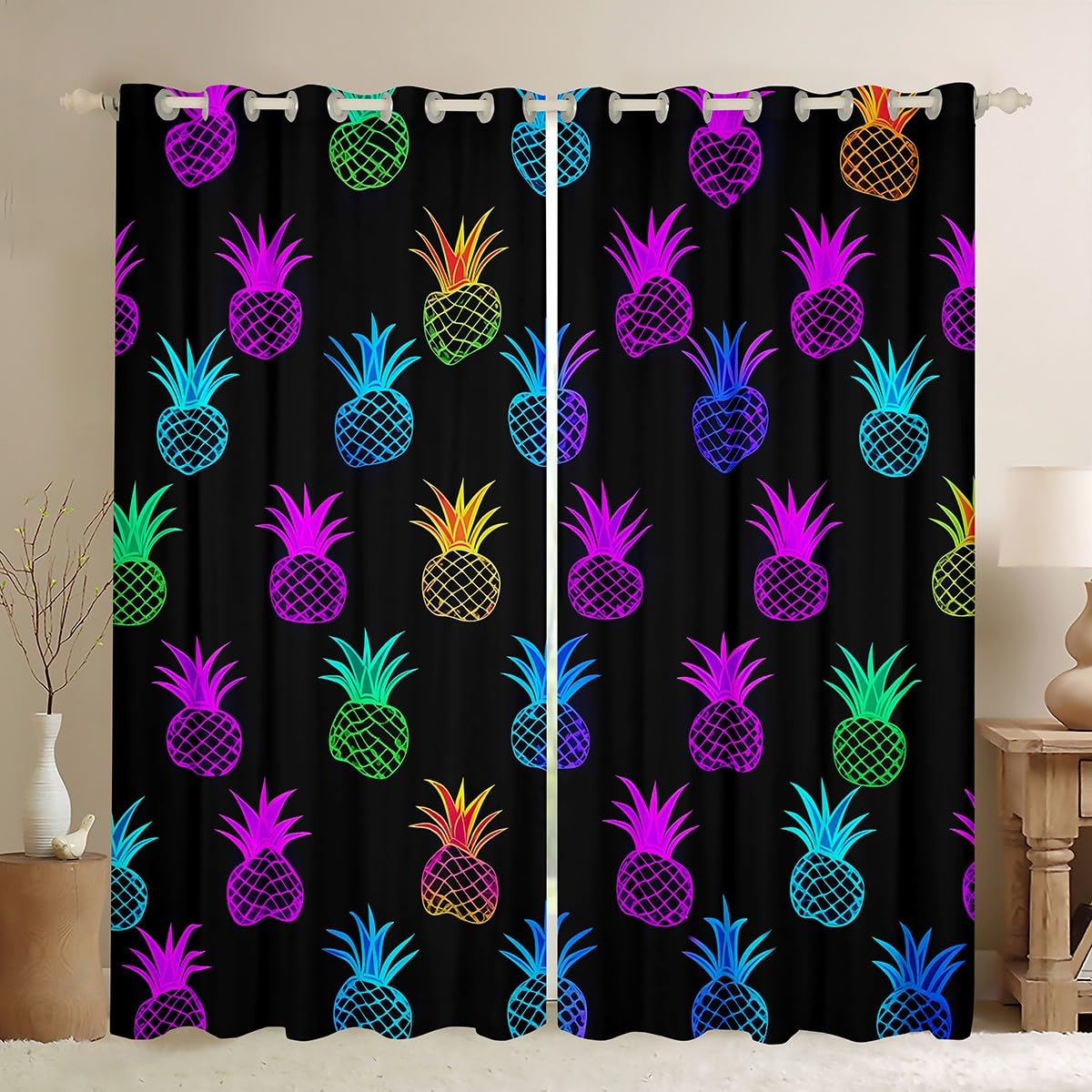 Homemissing Pineapple Window Drapes Treatments Colorful Fruits Curtains for Kids Boys Girls Tropical Pineapple Window Drapes Summer Fruits Window Treatments, W66*L90,2 Panels