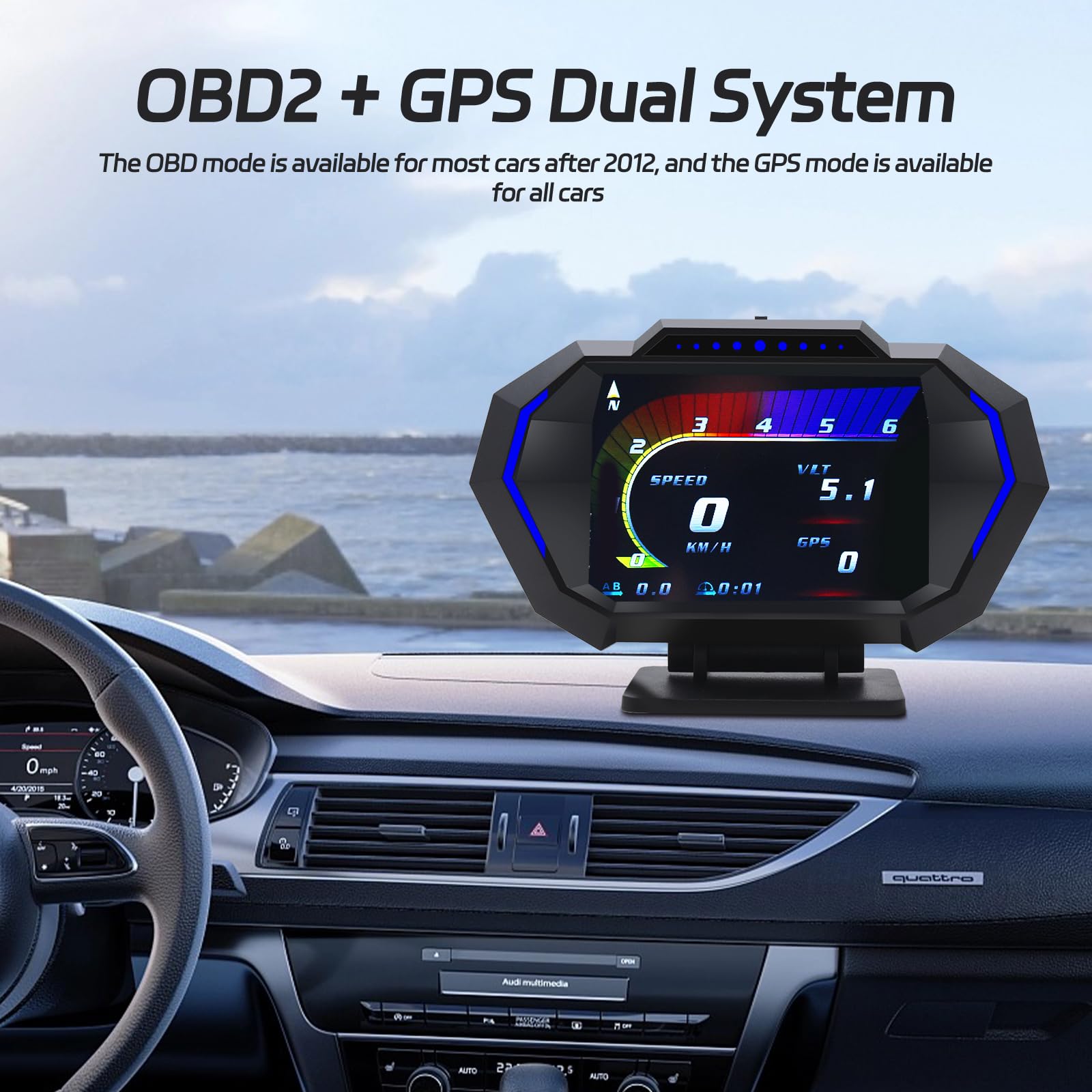 KAOLALI Head up Display OBD2 + GPS Auto HUD uniwersalny cyfrowy tachometr z ostrzeżeniem o prędkości, przypomnieniem o zmęczeniu, MPH km/h, do wszystkich samochodów