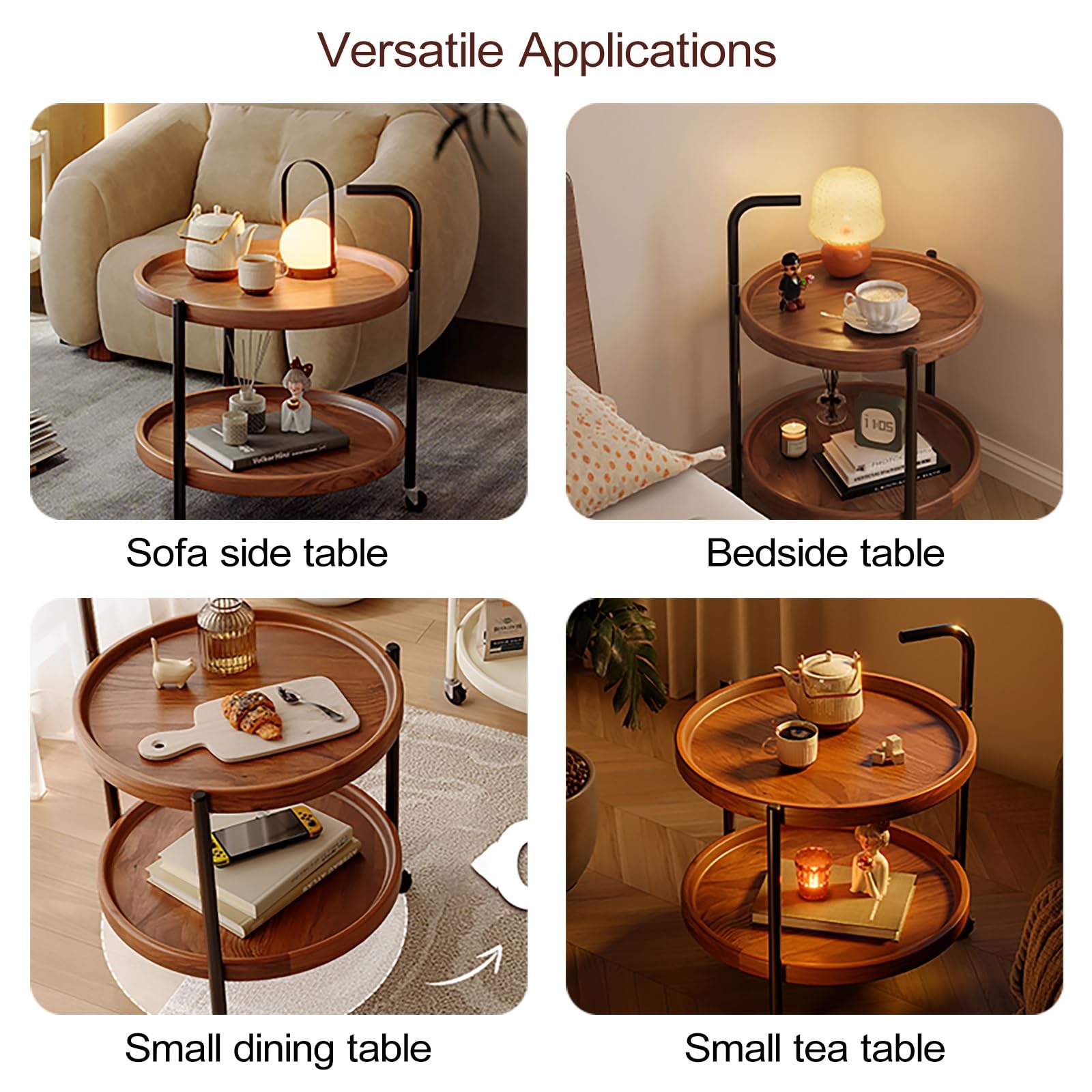 Amazon｜サイドテーブル、可移動ナイトテーブル ワゴン、棚付 収納 丸