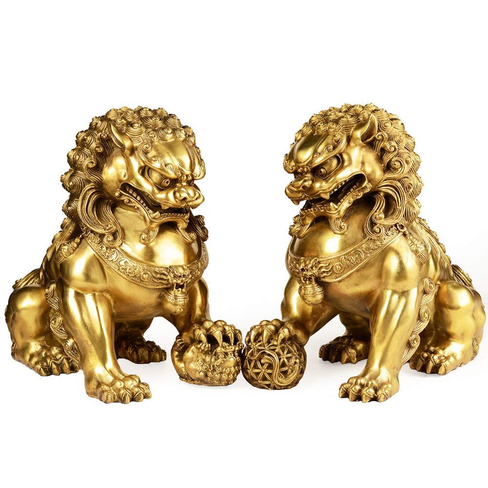 IUokLU Feng Shui Ornaments Beijing Lions Pair Fu Foo Dogs Statues,Pure Brass Chinese Decor Prosperity Accessories Figurine,Home and Office Wealth Good Luck Sculpture (A M)
