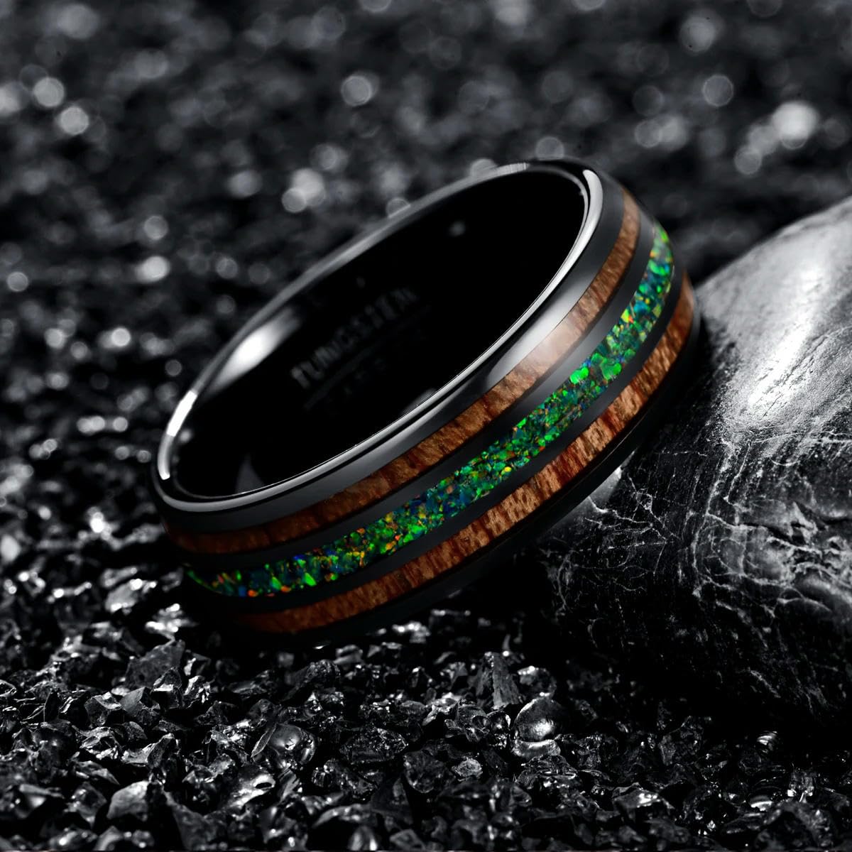 Anillo de Madera de Acacia Natural de 8 mm con la Letra Te Amo Anillo de carburo de tungsteno de ópalo Verde para Hombres Nombre