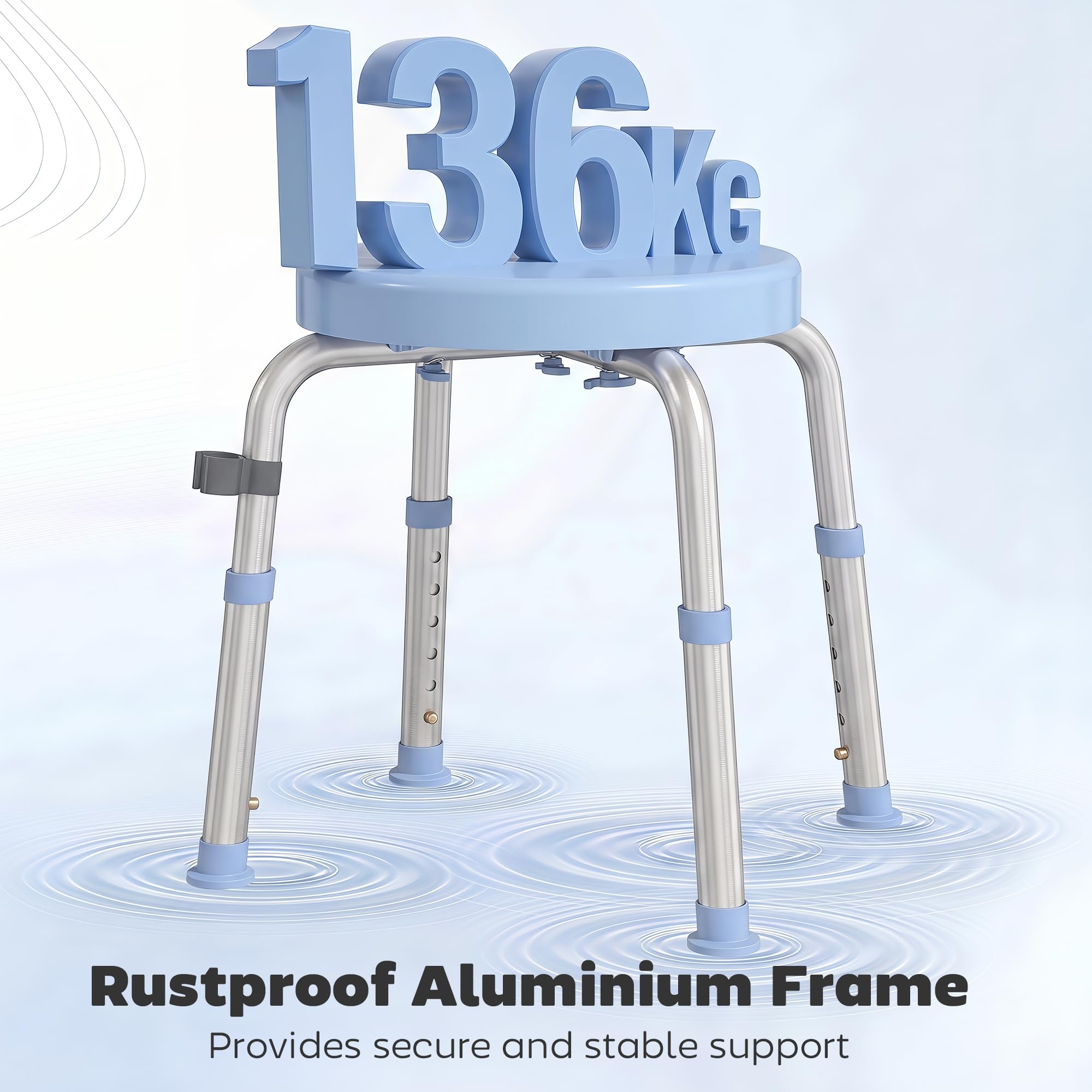 HOMCOM Silla Ducha Personas Mayores Giratorio 360° con Marco Aluminio | Taburete Ducha, Altura Regulable 5 Niveles, Antideslizante, Silla de Baño, Montaje Sin Herramientas, Carga 136 kg