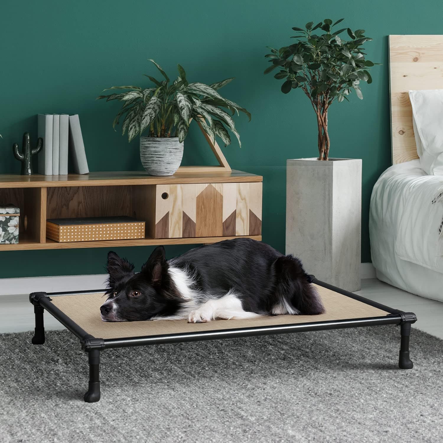 Veehoo Chew Proof Dog Bed, Cooling Elevated Dog Bed -Rustless Aluminum Frame, Breathable Durable Mesh, Upgraded Secure Latch Design, Tool-Free Assembly & Portable, Non-Slip Feet, Large, Beige