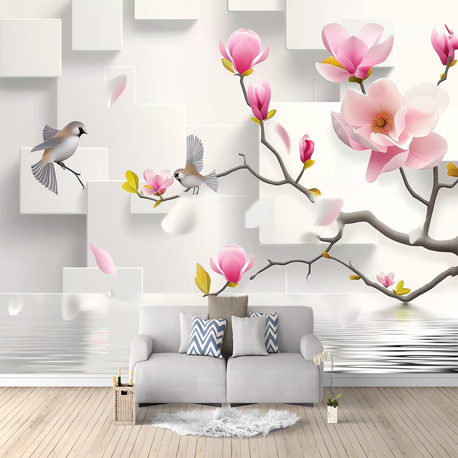 Mural fond d'écran 3D magnolia et géométrie pour une chambre élégante