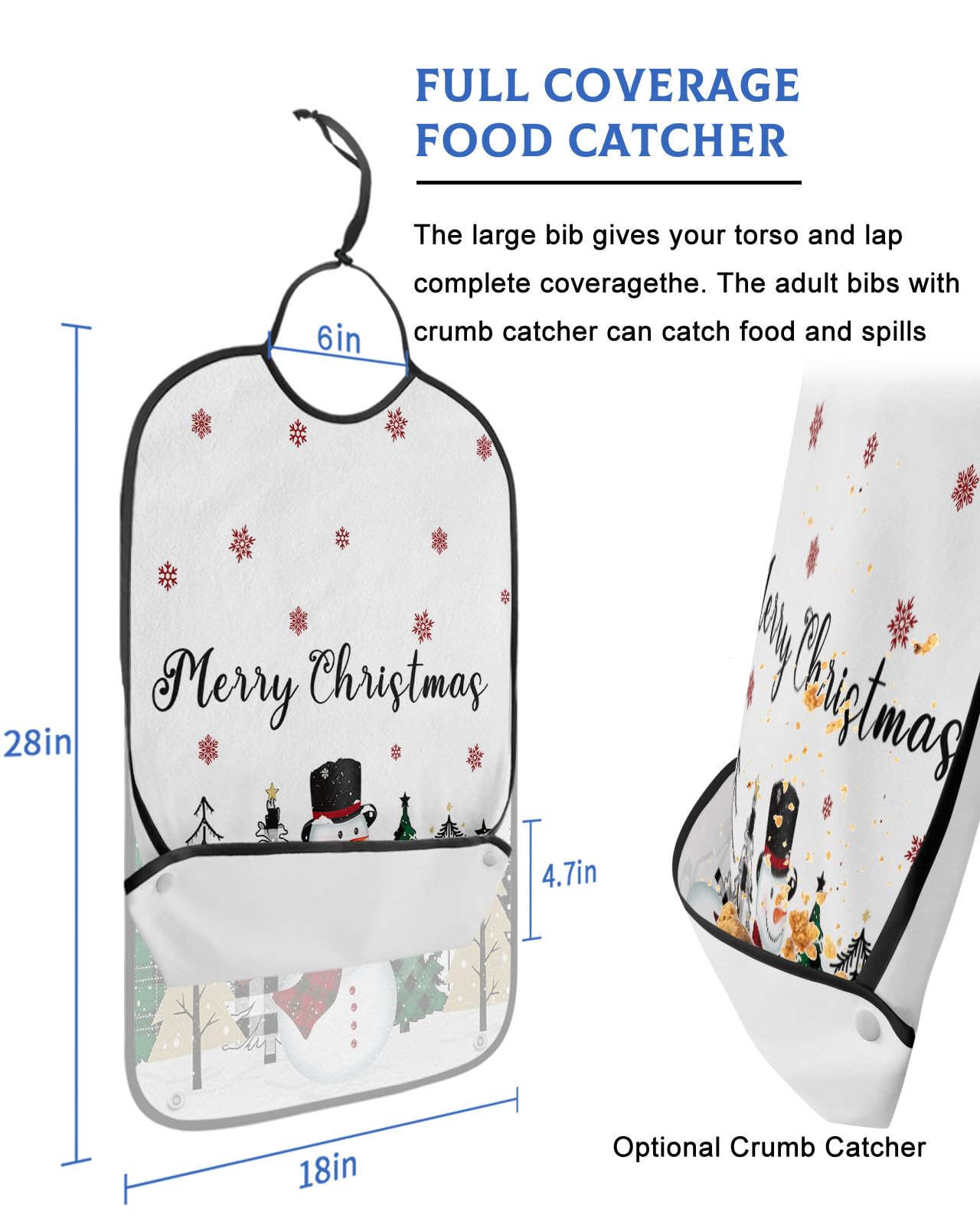 Merry Christmas Adult Bibs for Eating, Waterproof Bibs with Food Catcher & Adjustable Snap Closure, Winter Snowman Xmas Tree Snowflake Washable Clothing Protectors Adult Bibs for Elderly Women/Men