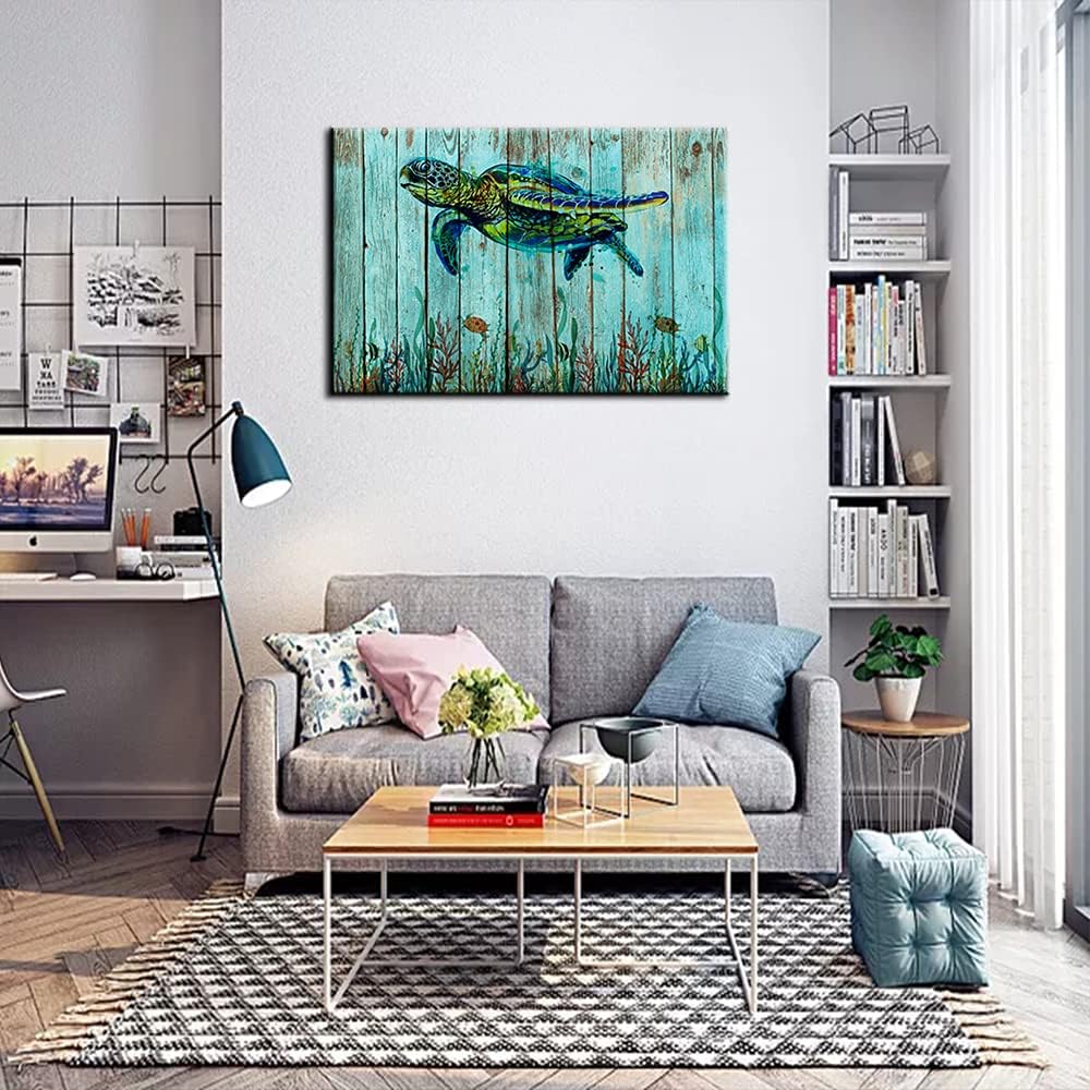 Sea turtles Wall Decor Coral Reef Canvas Wall Art Wall Aquarium Paintings Teal Blue Pictures HD Prints Fishing Artwork Tropical Fish Home Decor Wooden Framed Ready to Hang in Living Room(16''Wx20''H) 16''Wx20''H Artwork-08