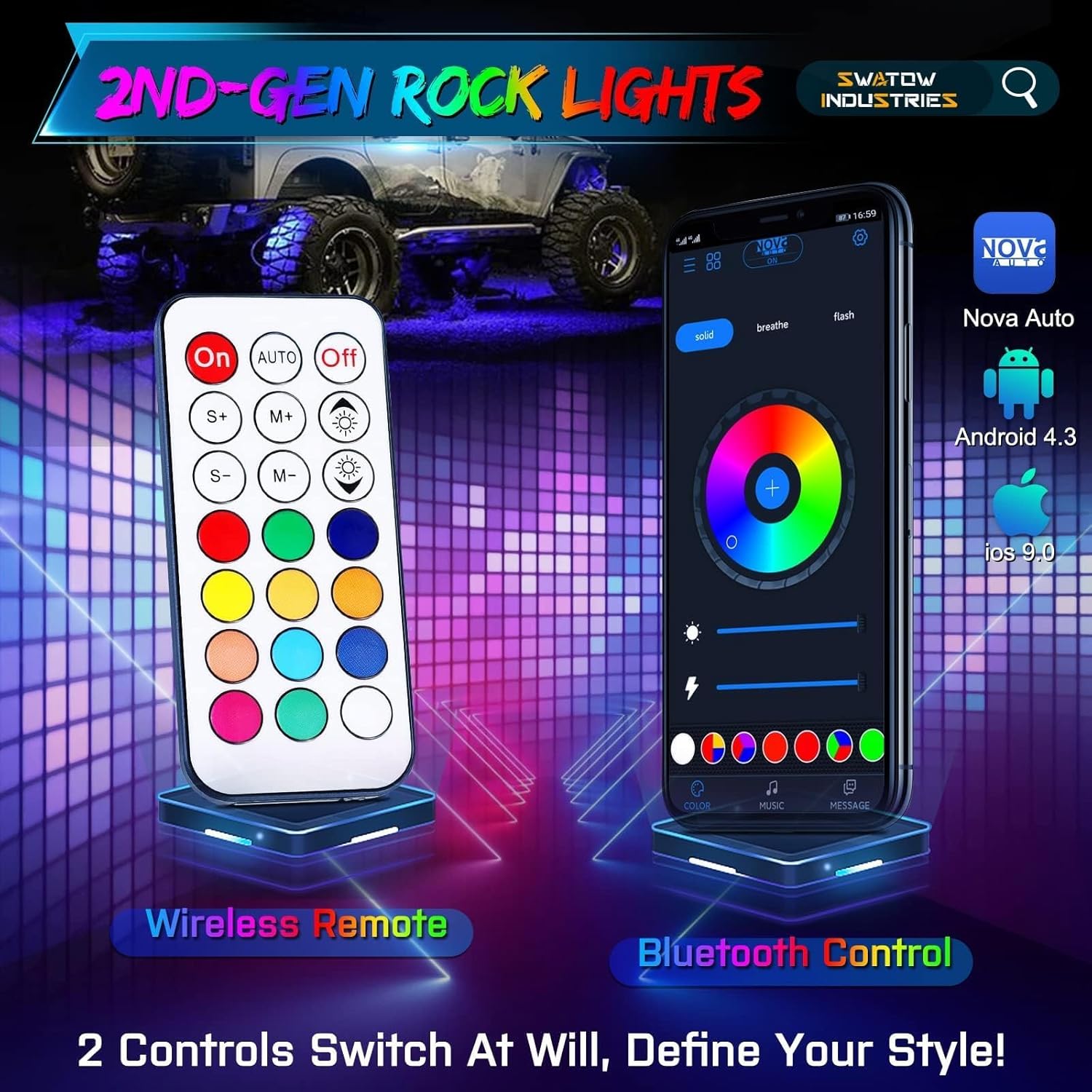 RGB Rock Lights 4Pods LED Rock Light Kit w/Remote&App Control Underglow Multicolor LED Neon Light Wheel Well Lights for ATV UTV RZR Can-am Wrangler Golf Cart