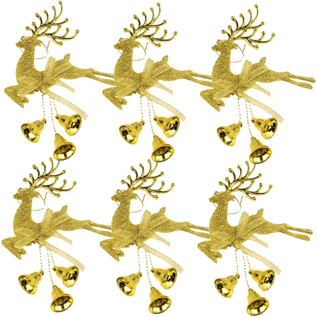 BEBEMOKO 6 colgantes para árbol de Navidad, decoración colgante, adornos de renos de Navidad, adornos de campana de reno, adorno de campana, adorno de árbol de Navidad, PVC dorado