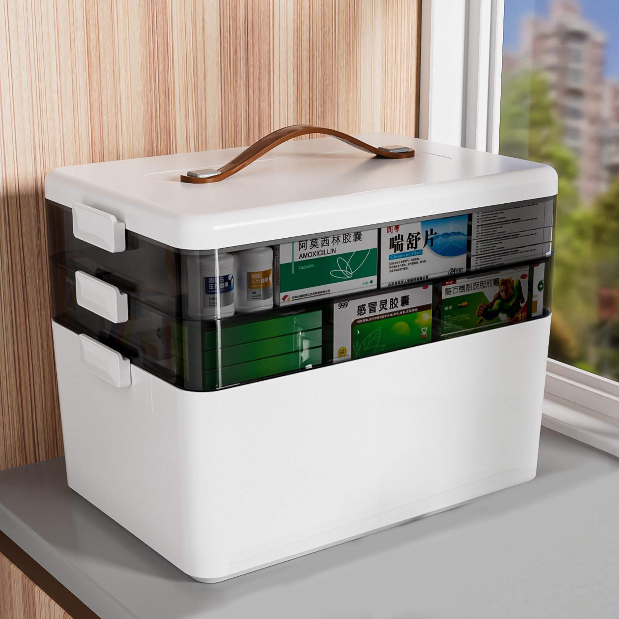 Scatola portaoggetti per medicinali, grande contenitore per medicine a 3 strati, multi griglia, contenitore per medicine domestiche, portatile con coperchio