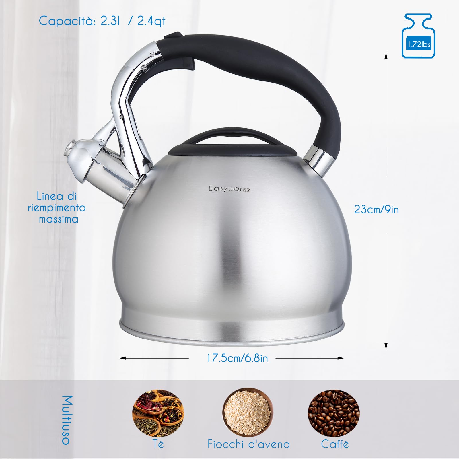 Easyworkz Bollitore a Fischio in Acciaio Inossidabile per Fornelli e Induzione (2,3 l, Argento)