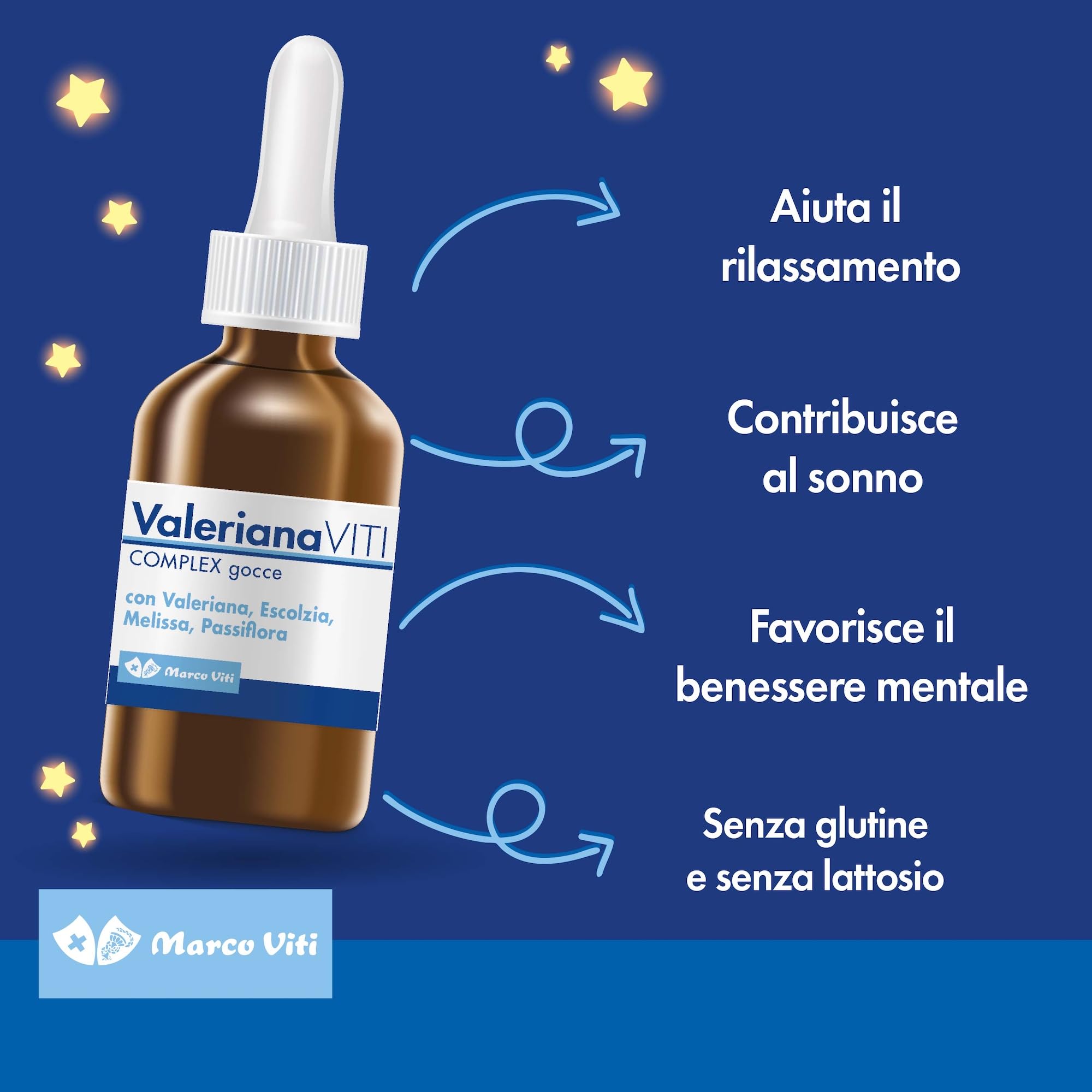 Valeriana Viti - Complex Gocce, 30 ml, Integratore, Proprietà Calmanti e Rilassanti, con Escolzia e Melissa, Favorisce il Sonno, Senza Glutine