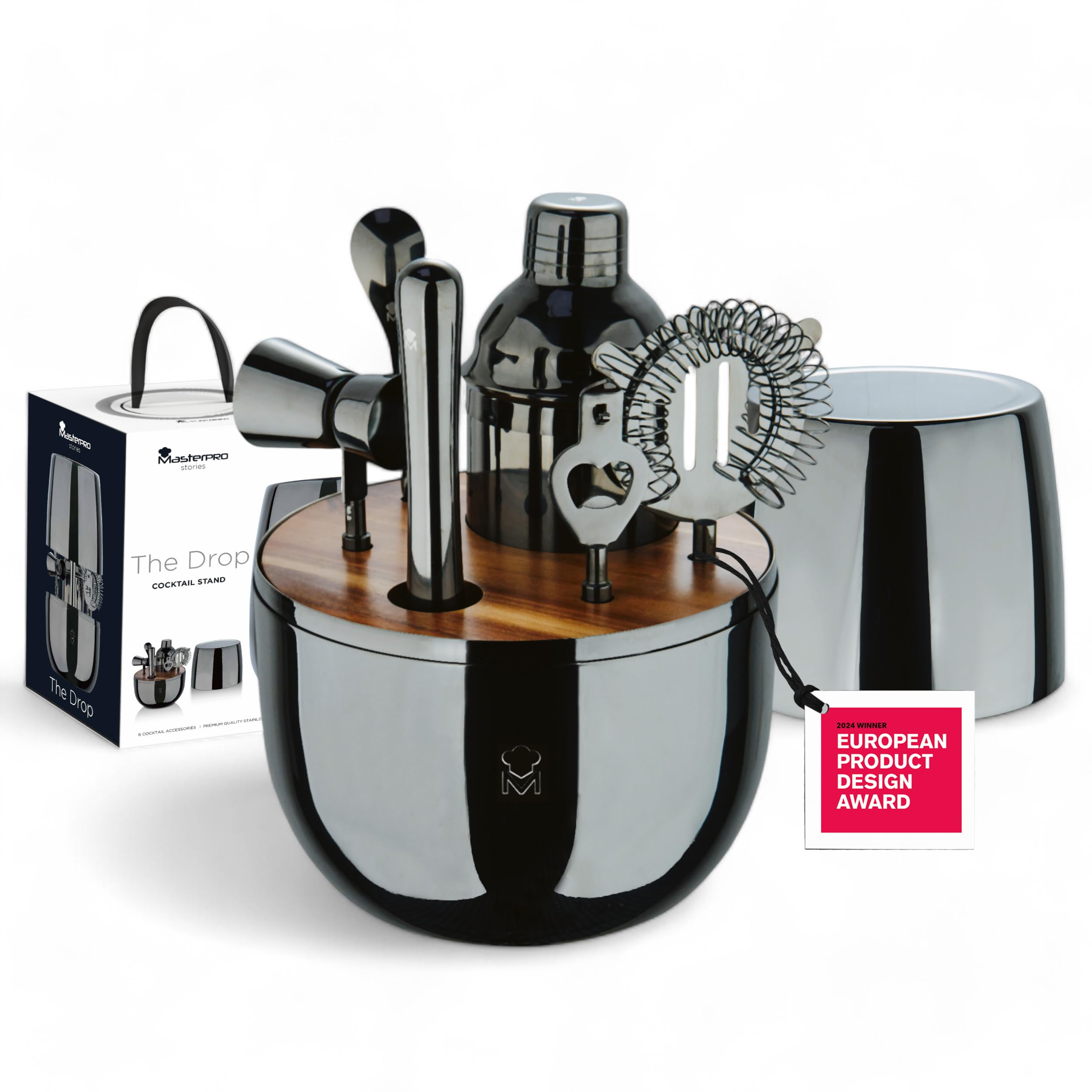 MasterPRO THE DROP - Set da cocktail di design in 6 pezzi in acciaio inox - Elegante, resistente e multifunzionale - Idea (Natale, Pasqua, matrimonio) - Scatola regalo inclusa