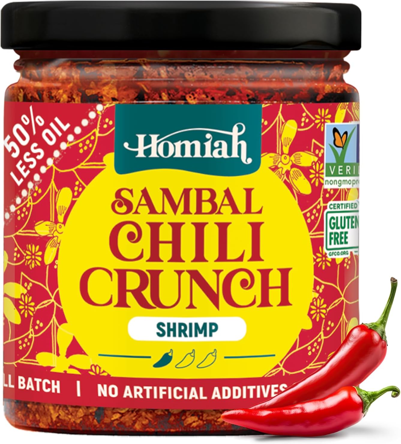 Homiah Sambal Chili Crunch, Shrimp, 6oz - Less Oil Low Sodium Gluten Free Non-GMO, Sambal Oelek Chili Paste, Shrimp Paste, Crispy Crunch Topping โ Mild