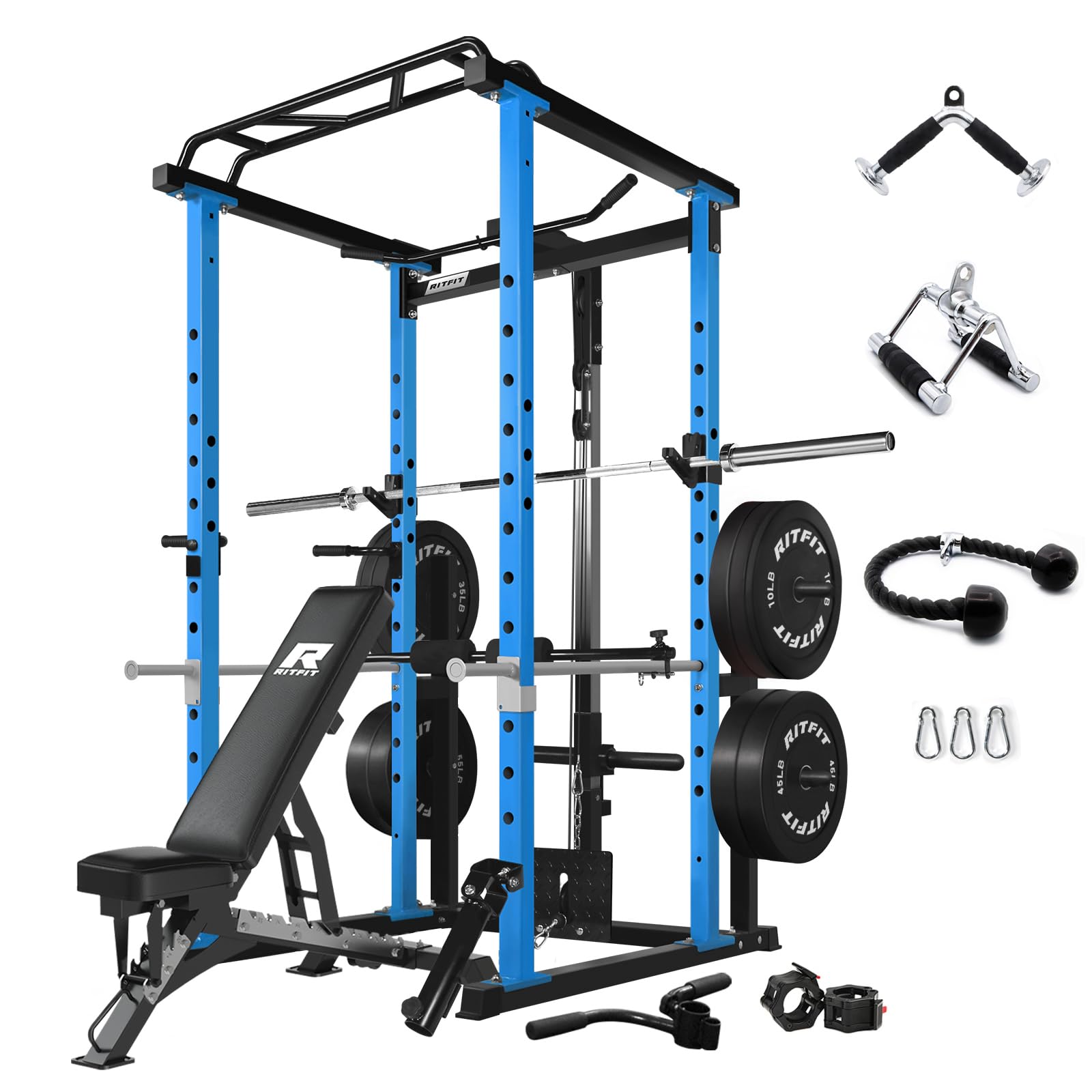 RitFit Power Cage with Optional LAT PullDown/Cable Crossover/Smith Machine System, 1000LB Squat Rack for Home & Garage Gym, with Weight Storage Rack and More Training Attachments, ASTM-Certified