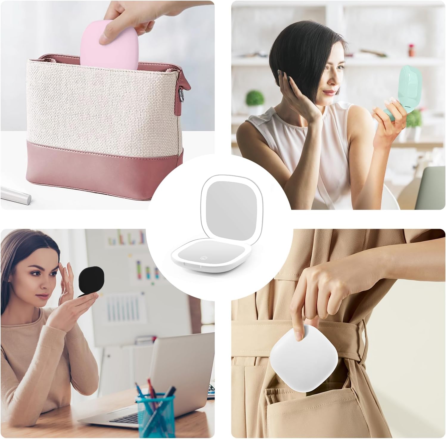 Compact Magnifying Travel Makeup Mirror with LED Light - 3.5 inches 1X/10X Magnification Small Hand Pocket Dimmable Double Sided USB Rechargeable Touch Screen, Portable Tabletop Cosmetic (Black)