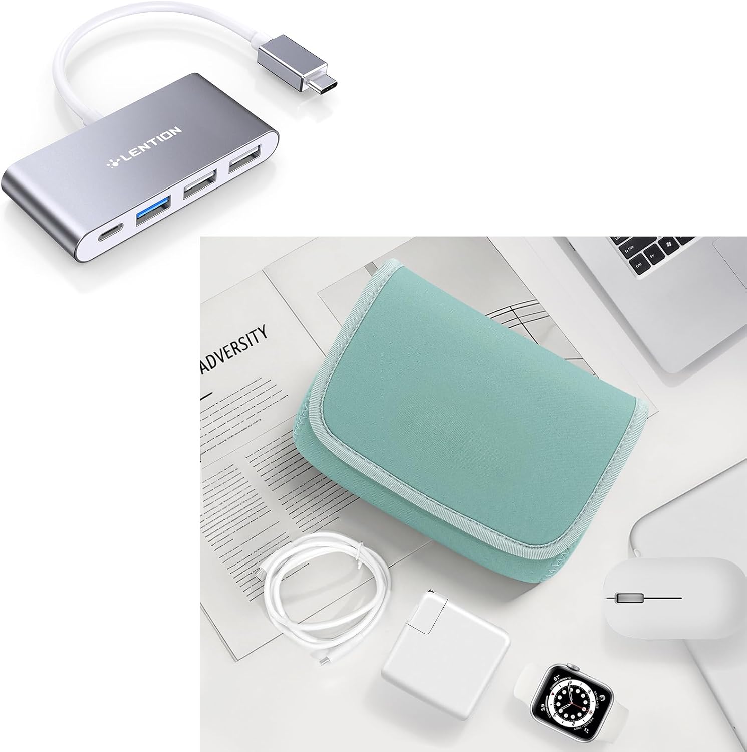 LENTION 4-in-1 USB-C Hub & Mint Green Neoprene Tech Pouch, Portable Travel Organizer for MacBook Power Adapter, Power Bank, Charger, Cable & Small Electronics