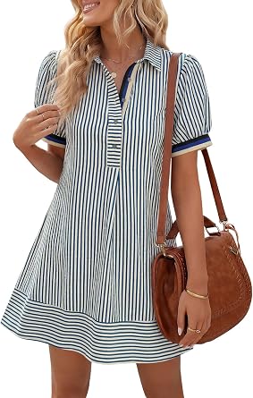 Wenrine Womens Summer Striped Short Sleeve Casual Button Shirt Mini Dresses | Puff Sleeve, Loose Fit, Collared, Polo, Tunic, Cute, Business, Work Dress with Pockets