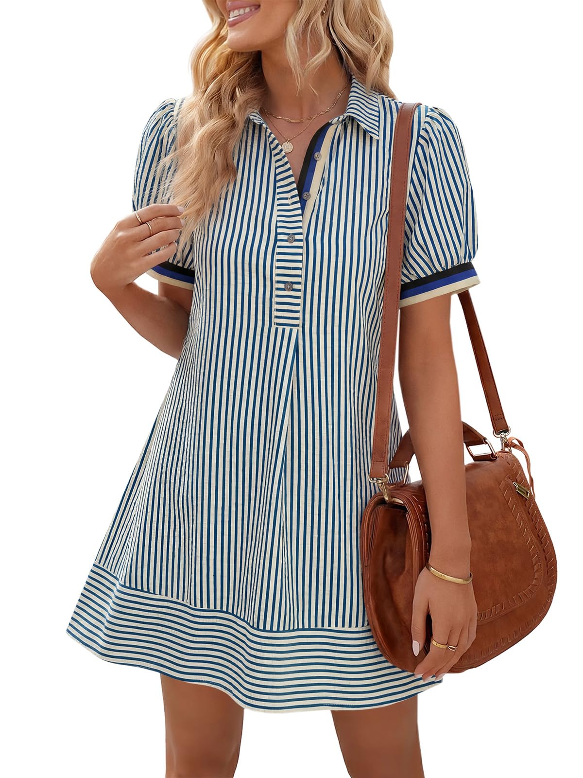 Wenrine Womens Summer Striped Short Sleeve Casual Button Shirt Mini Dresses Global Recycled Standard Global Recycled Standard Global Recycled Standard