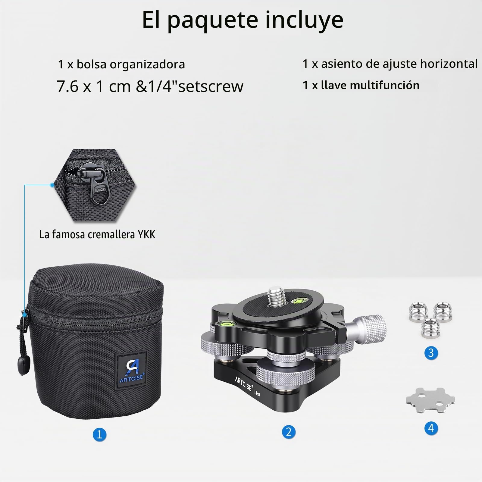 Base de nivelación de Tres Patas con diámetro ∅85 mm, Placa de Cabeza de trípode Ajustable -15°/+15° de inclinación, con 3 Niveles de Burbuja y 3 Ruedas/Ajuste panorámico de precisión de -5 Grados