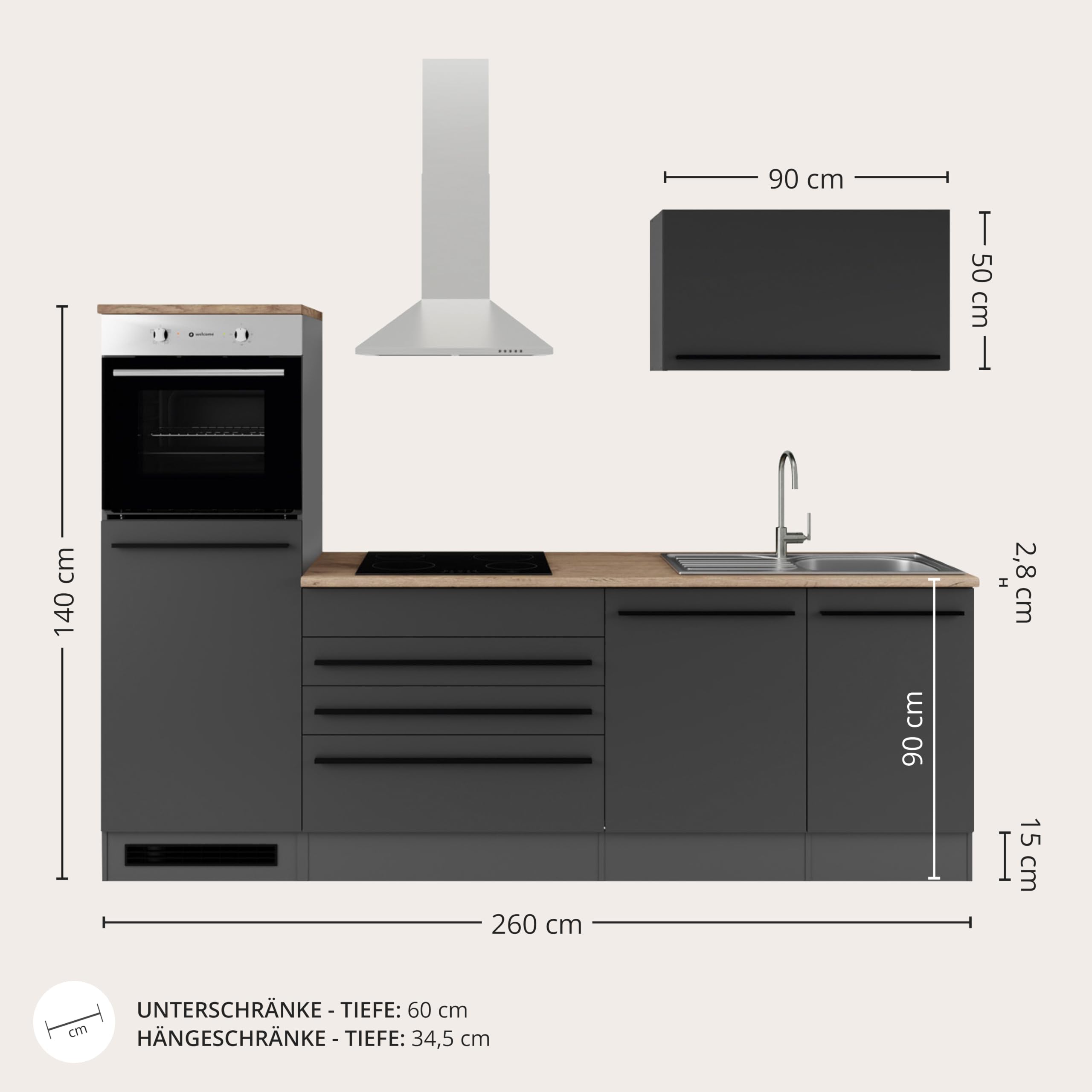 84-131-18 JAZZ Küchenblock Küchenzeile Schwarz ohne Geräte ca. 260 x 200 x 60 cm | Küchenblock mit Arbeitsfläche und offenem Ablagefach, Umbauschrank für Backofen auf Brusthöhe, Küche ohne Elektrogeräte