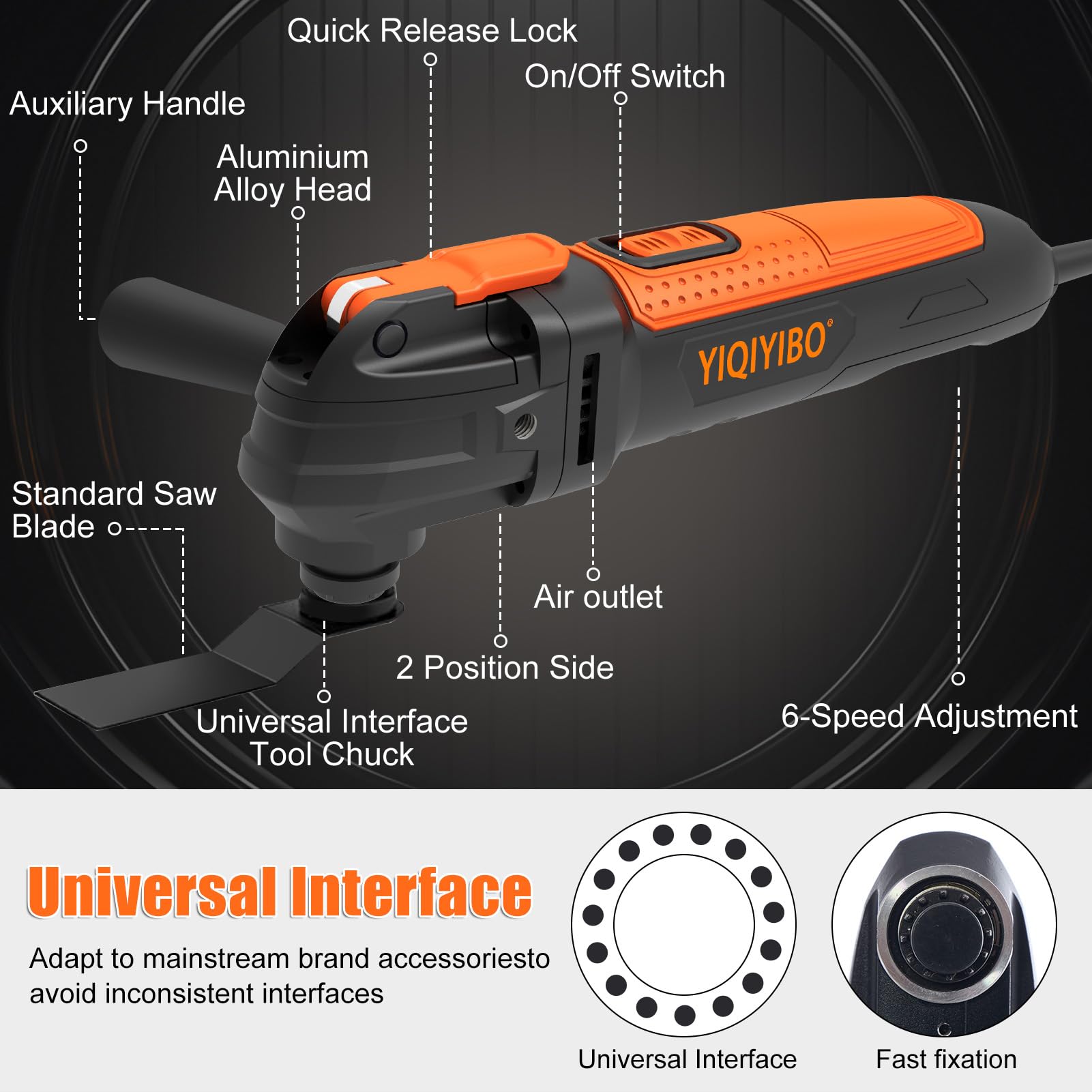 YIQIYIBO Strumento Multifunzione, Utensile Multifunzione Oscillante 300W con 6 Velocità Regolabili, Design Lama Rapido, Per Taglio Metalli/Legno, Lucidatura Superfici, Piastrelle e Rimozione Ruggine