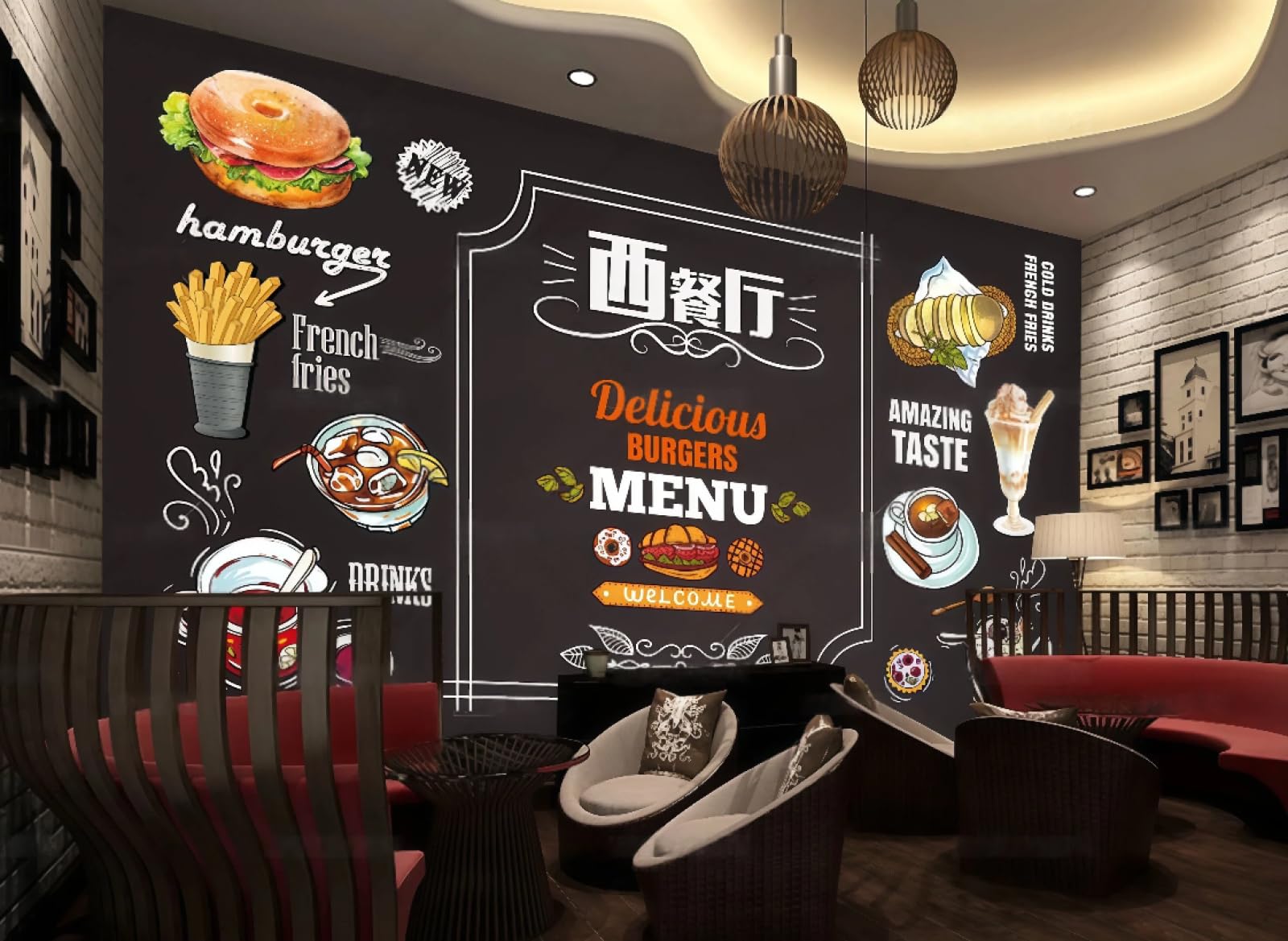 rskjdghshd Wallpaper Blackboard Hand-Painted Burger Pizza Restaurant Afternoon Tea Dessert Cake Shop Background Wall Western Restaurant Wallpaper Cafe Mural,3D,250x175cm