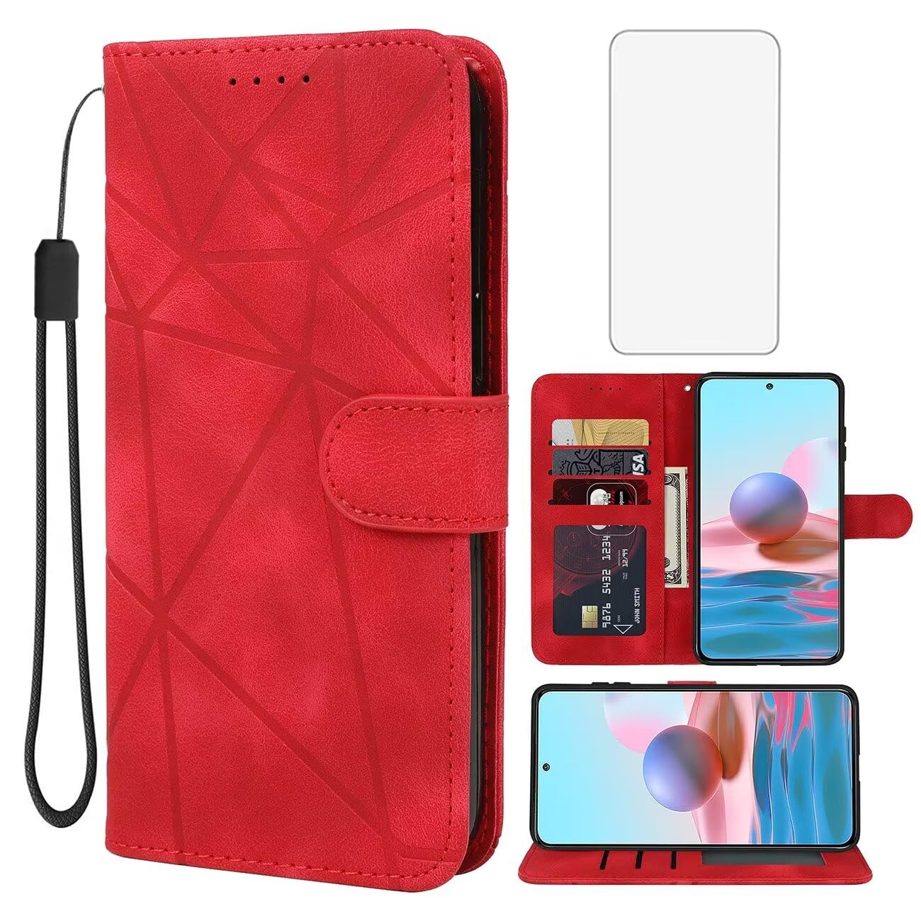 Wanyuexes Case for Redmi Note 10/Redmi Note 10S/Note 11SE 4G/Poco M5S Wallet Case with Tempered Glass Screen Protector
