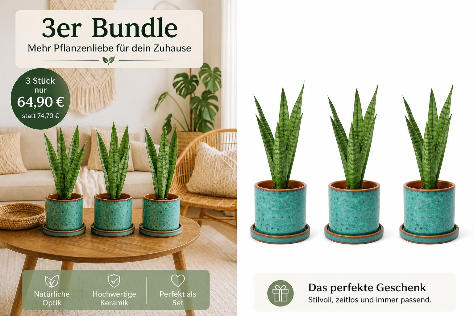 Generisch Aquadune Ręcznie robiona ceramiczna doniczka na kwiaty, zestaw 3 szt. z podstawkami – nowoczesna doniczka na rośliny, Ø 14,5 cm, w kolorze turkusowym, ozdobna donica na rośliny pokojowe z