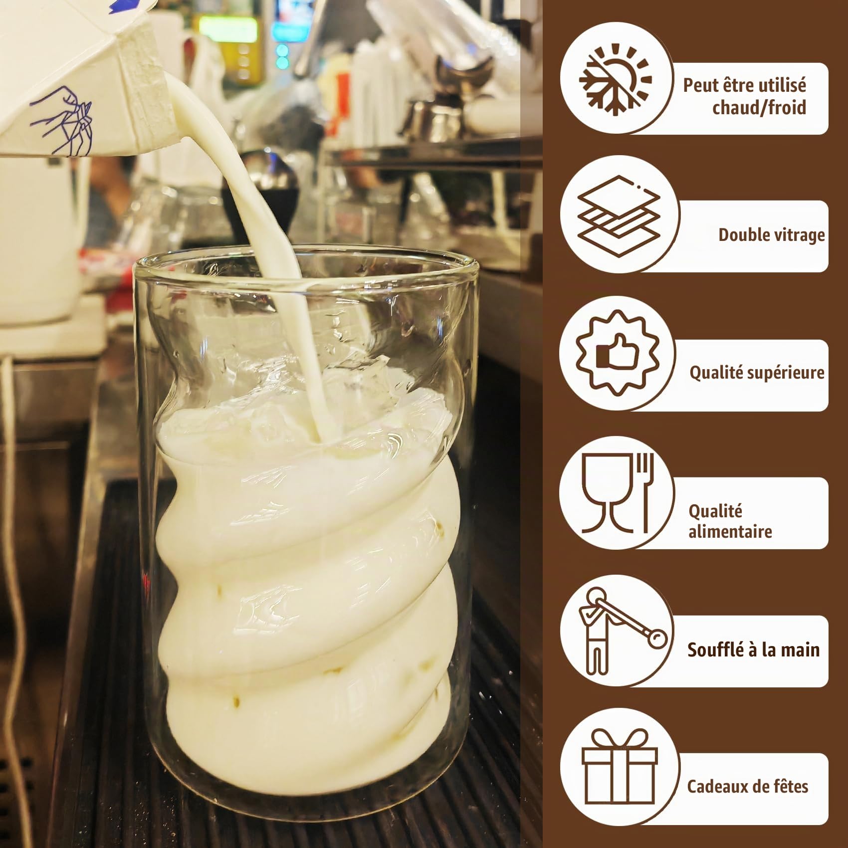 Tasse à Café Double Paroi 6 X 400ml avec 6 Cuillères Verre Double Paroi Latte Macchiato Tasses en Verre Cappuccino Résistantes à la Chaleur Tasse Transparente