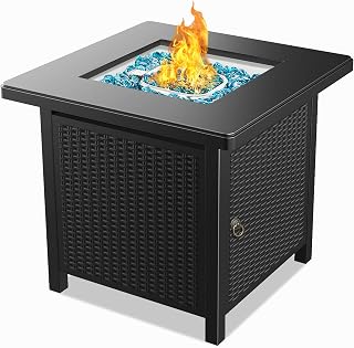 BALI OUTDOORS Gas Fire Pit Patio Furniture Table Propane Firepit, 28Inch Steel Tabletop Fire Pit with Cover Lid, Blue Glass Stone, 50,000BTU, Black