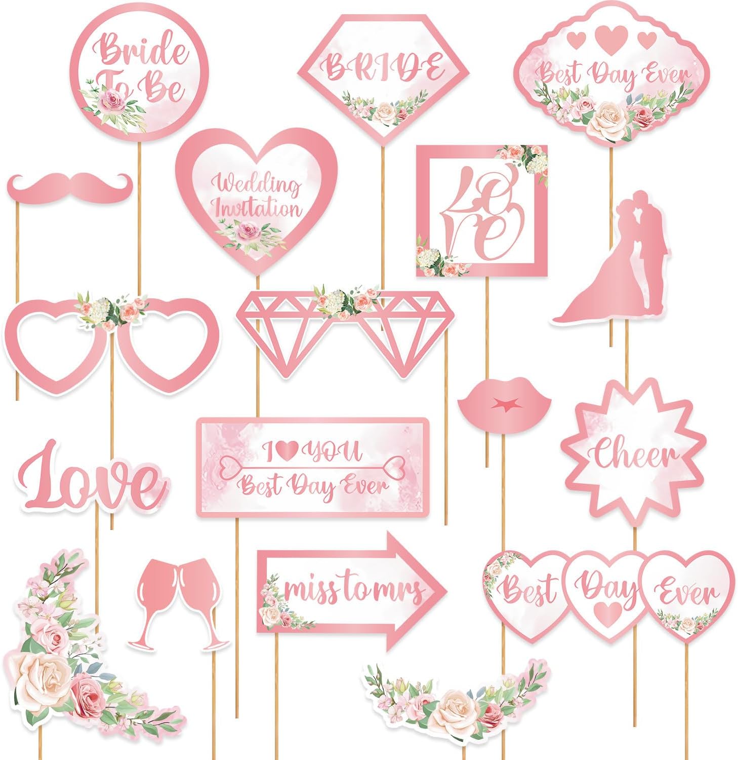 Bridal Shower Photo Booth Props, 23-Piece Rose Gold Wedding Set