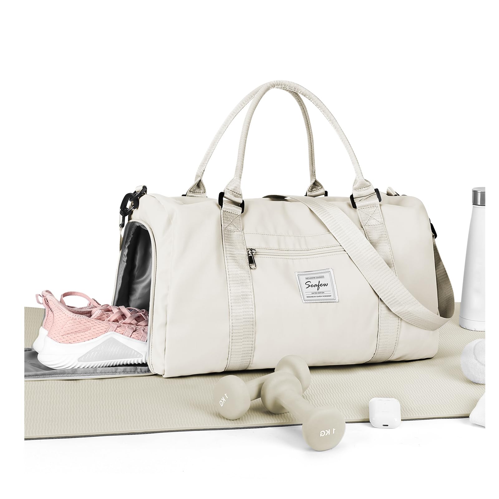 Gym Bag Womens,Travel Duffel Carry on Bag Sport Tote Bag Weekend Overnight Bag, A12-Cream White, 11.8 x 7.5 x 17.7 inches, Gym Bag