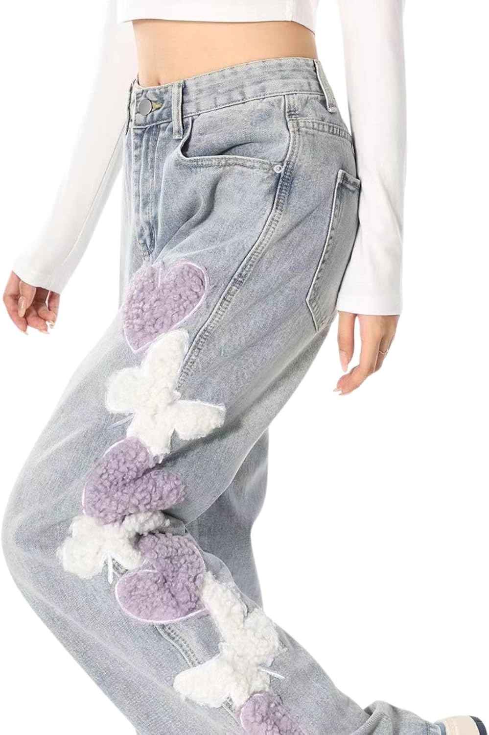 Cute Jeans for Women Girls Star Patchwork Pants High Waisted Straight Leg Jean Casual Preppy Clothes - Image 2