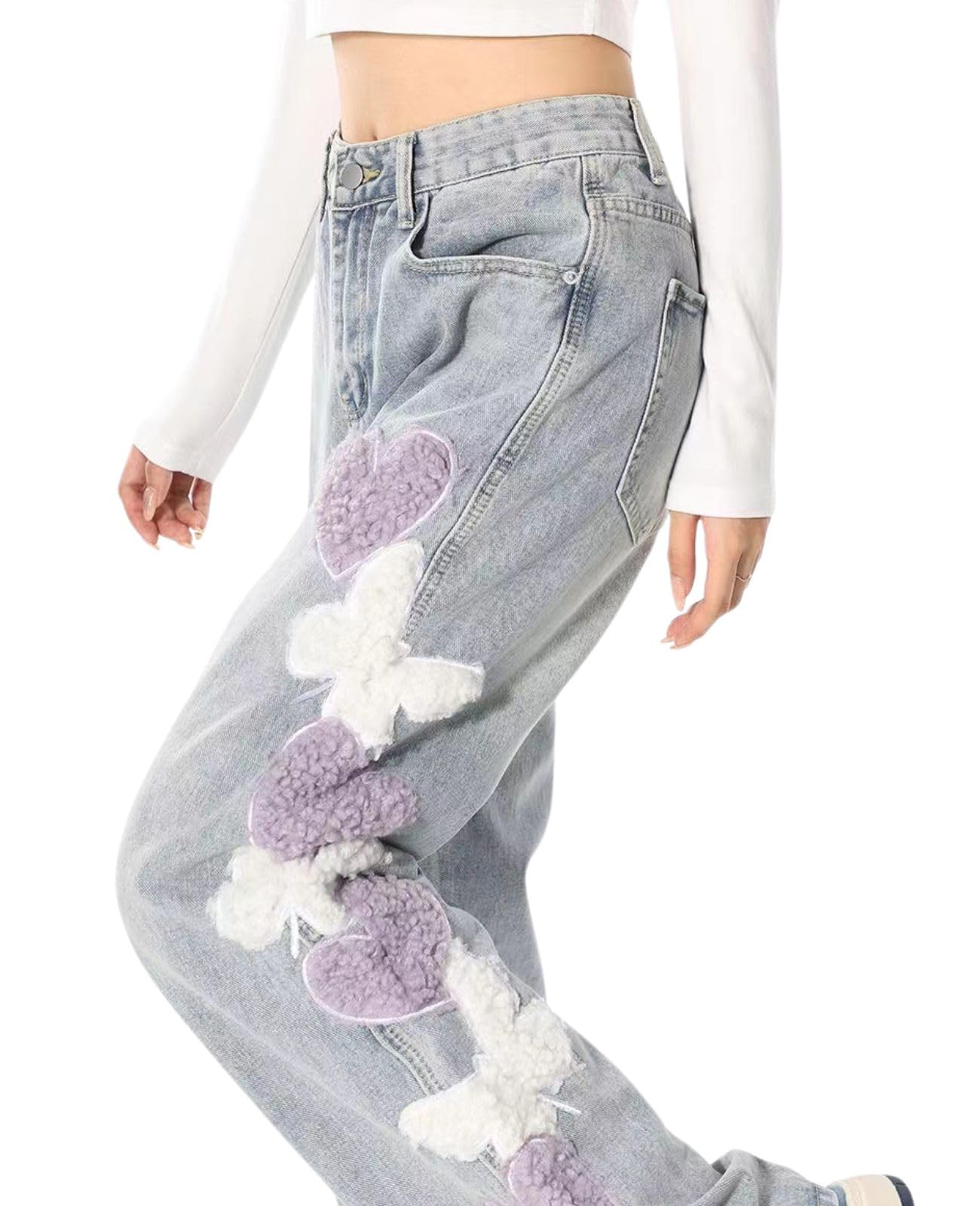 Cute Jeans for Women Girls Star Patchwork Pants High Waisted Straight Leg Jean Casual Preppy Clothes: X-Large Blue3