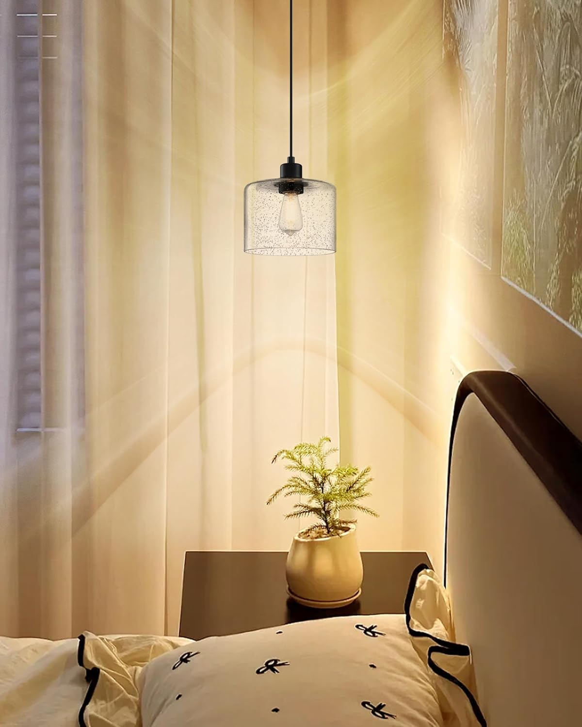 3 Pack 1 Light Modern Kitchen Island Pendant Light 7.3 Inch Clear Seeded Glass Black Finish Pendant Lamp,Farmhouse Hanging Light Fixture for Kitchen Island Dining Room Bedside