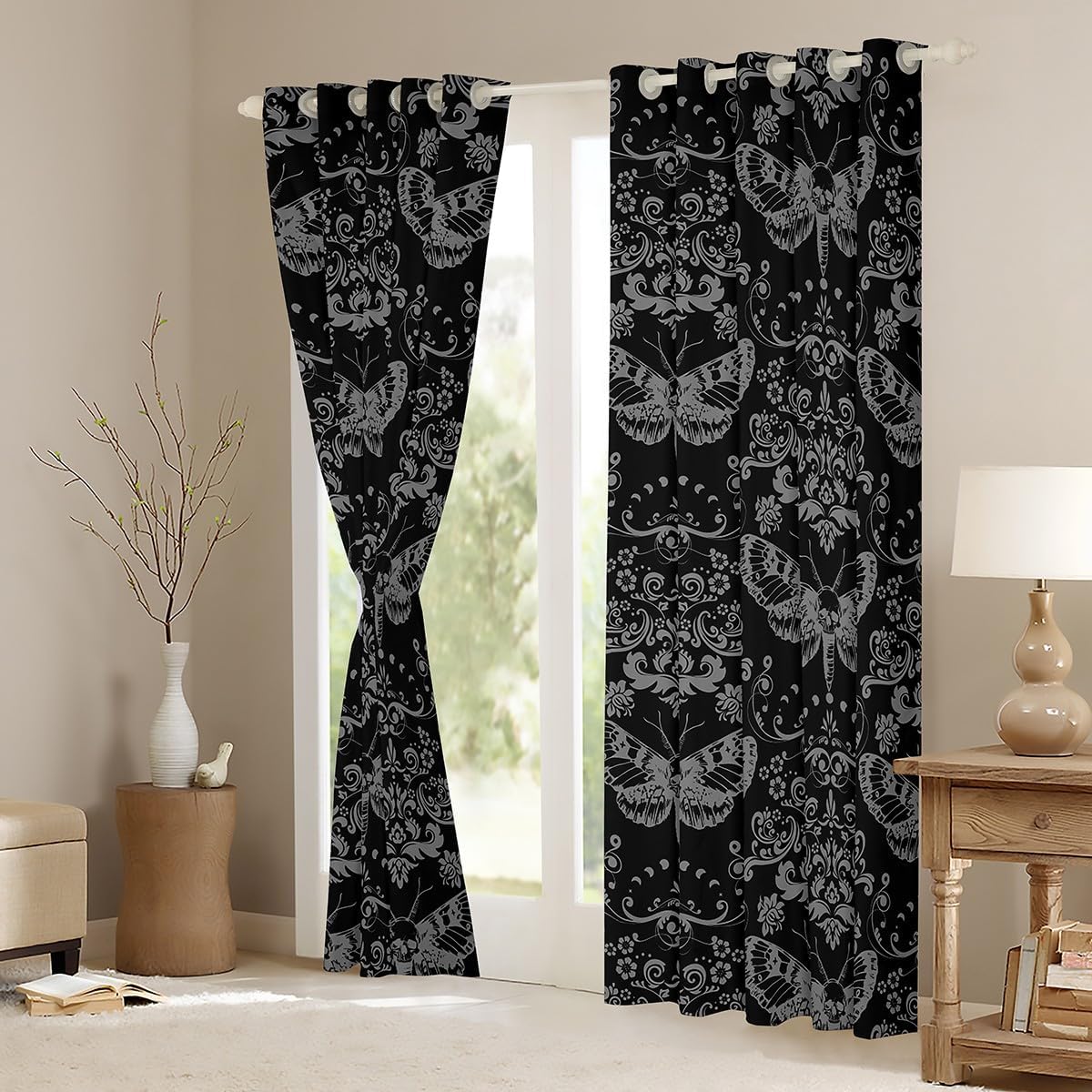 Halloween Moth Kids Window Curtains,Sun Moon Skeleton Skull Western Window Drapes for Girls Boys,Baroque Flowers Vintage Gothic Black Retro Window Treatments Grommet Top 2 Panel Set,38Wx45L inch