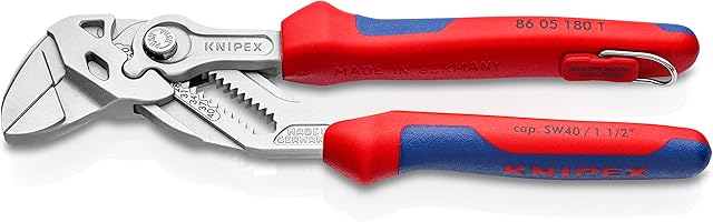 Knipex Szczypce-klucz szczypce i klucz w jednym narzędziu chromowane, z wielokomponentowymi nasadkami, zintegrowany zaczep do mocowania zabezpieczenia przed upadkiem 180 mm 86 05 180 T